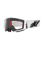 Gogle Alpinestars Supertech Corp, gogle motocrossowe, białe i przezroczyste, biała oprawka z przezroczystą poliwęglanową soczewką, biały pasek z wyraźnym czarnym logo Alpinestars, czerwono-czarna wielowarstwowa pianka