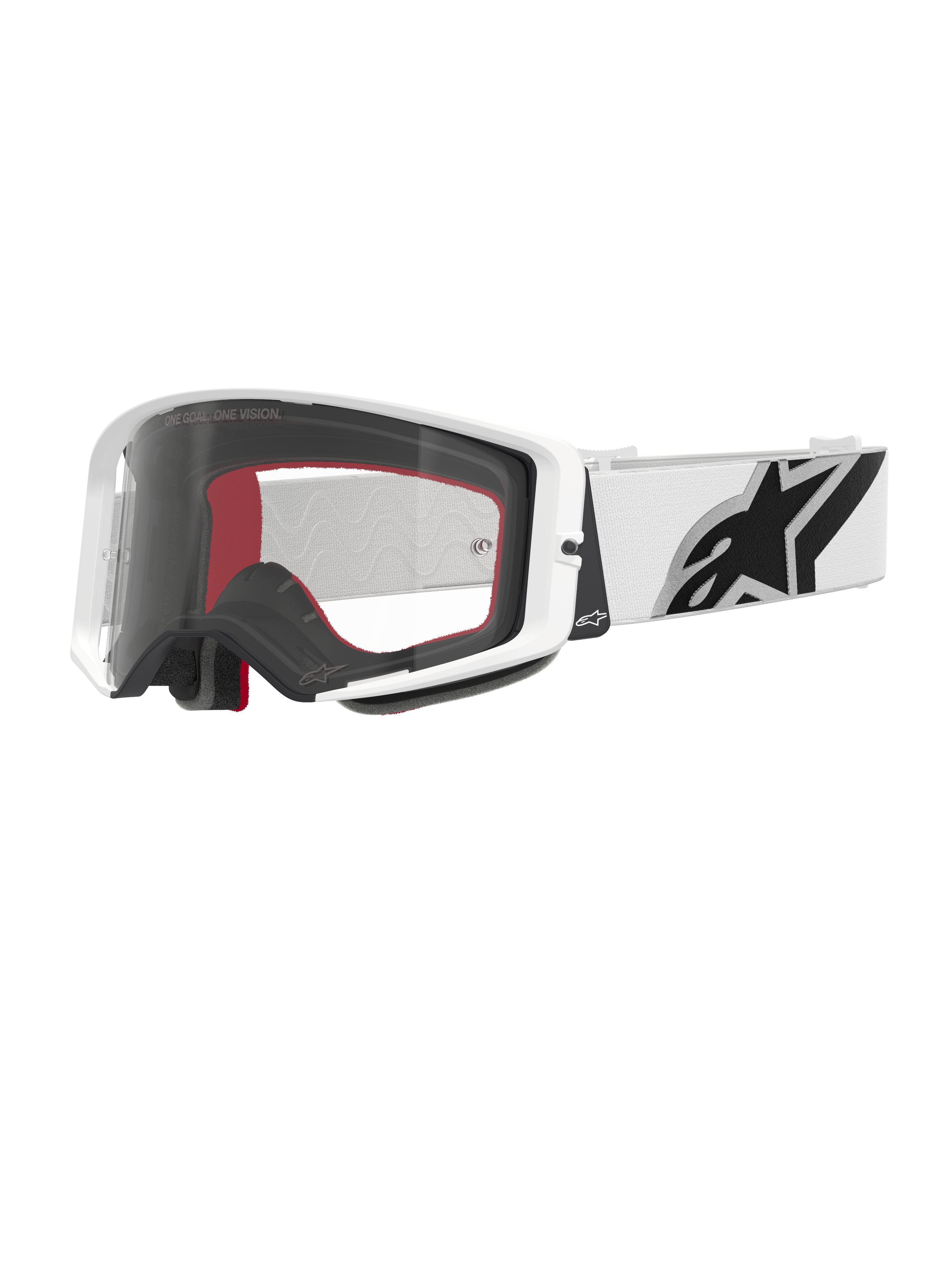 Gogle Alpinestars Supertech Corp, gogle motocrossowe, białe i przezroczyste, biała oprawka z przezroczystą poliwęglanową soczewką, biały pasek z wyraźnym czarnym logo Alpinestars, czerwono-czarna wielowarstwowa pianka