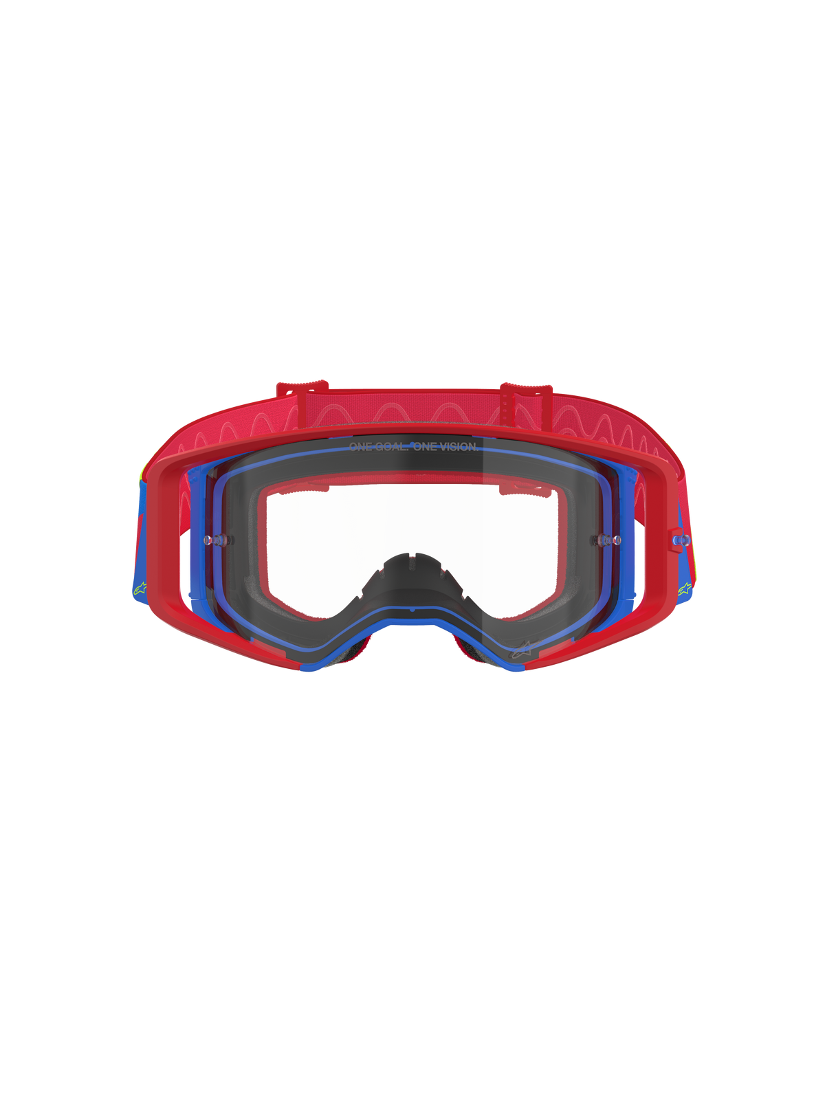 Alpinestars Supertech Corp Goggles, gogle motocrossowe, czerwono-niebieskie z przezroczystą szybką, czerwona ramka zewnętrzna i niebieska ramka wewnętrzna, czerwony pasek z falistym silikonowym wzorem, profesjonalne gogle do wyścigów off-road