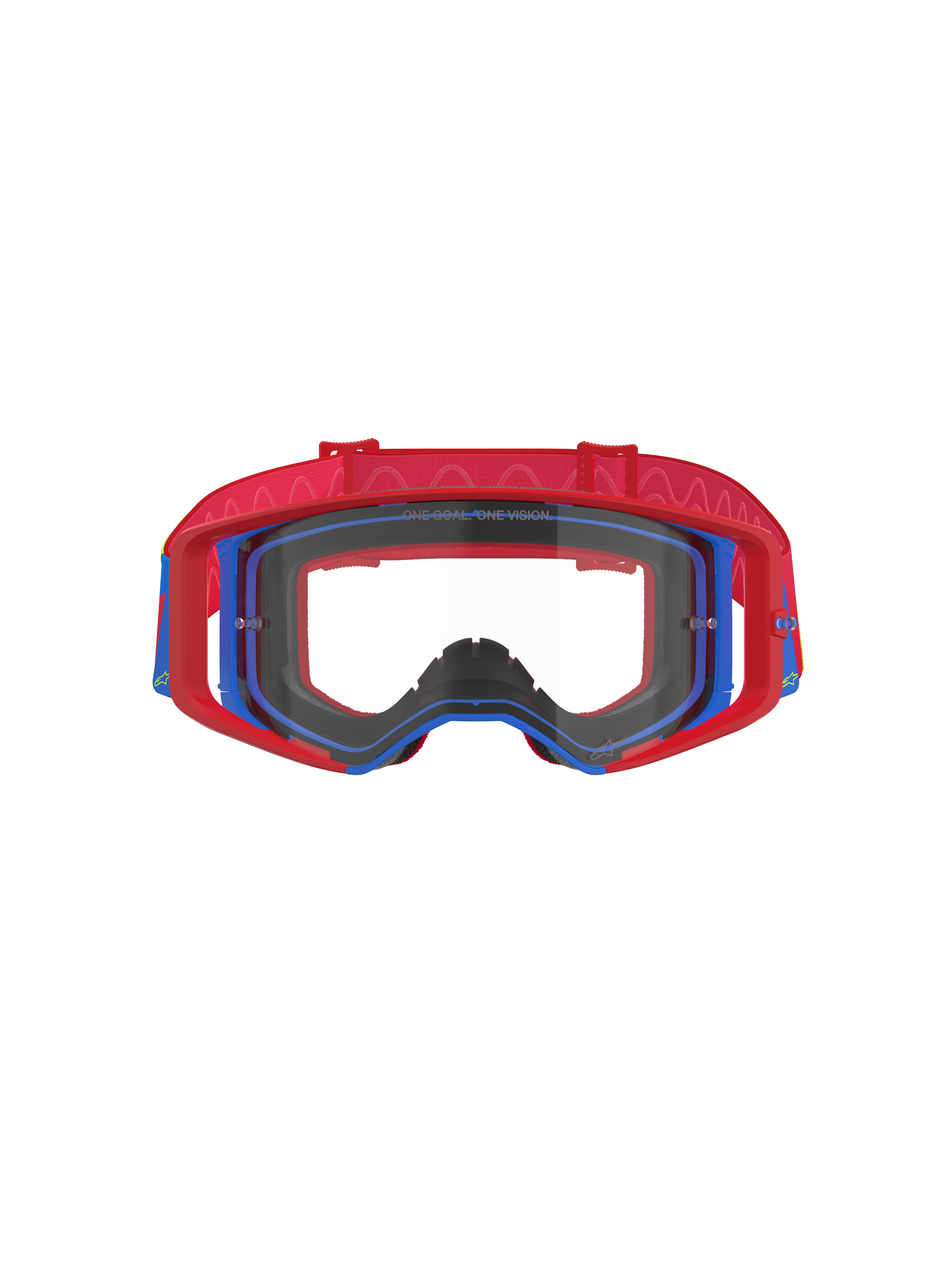 Alpinestars Supertech Corp Goggles, gogle motocrossowe, czerwono-niebieskie z przezroczystą szybką, czerwona ramka zewnętrzna i niebieska ramka wewnętrzna, czerwony pasek z falistym silikonowym wzorem, profesjonalne gogle do wyścigów off-road