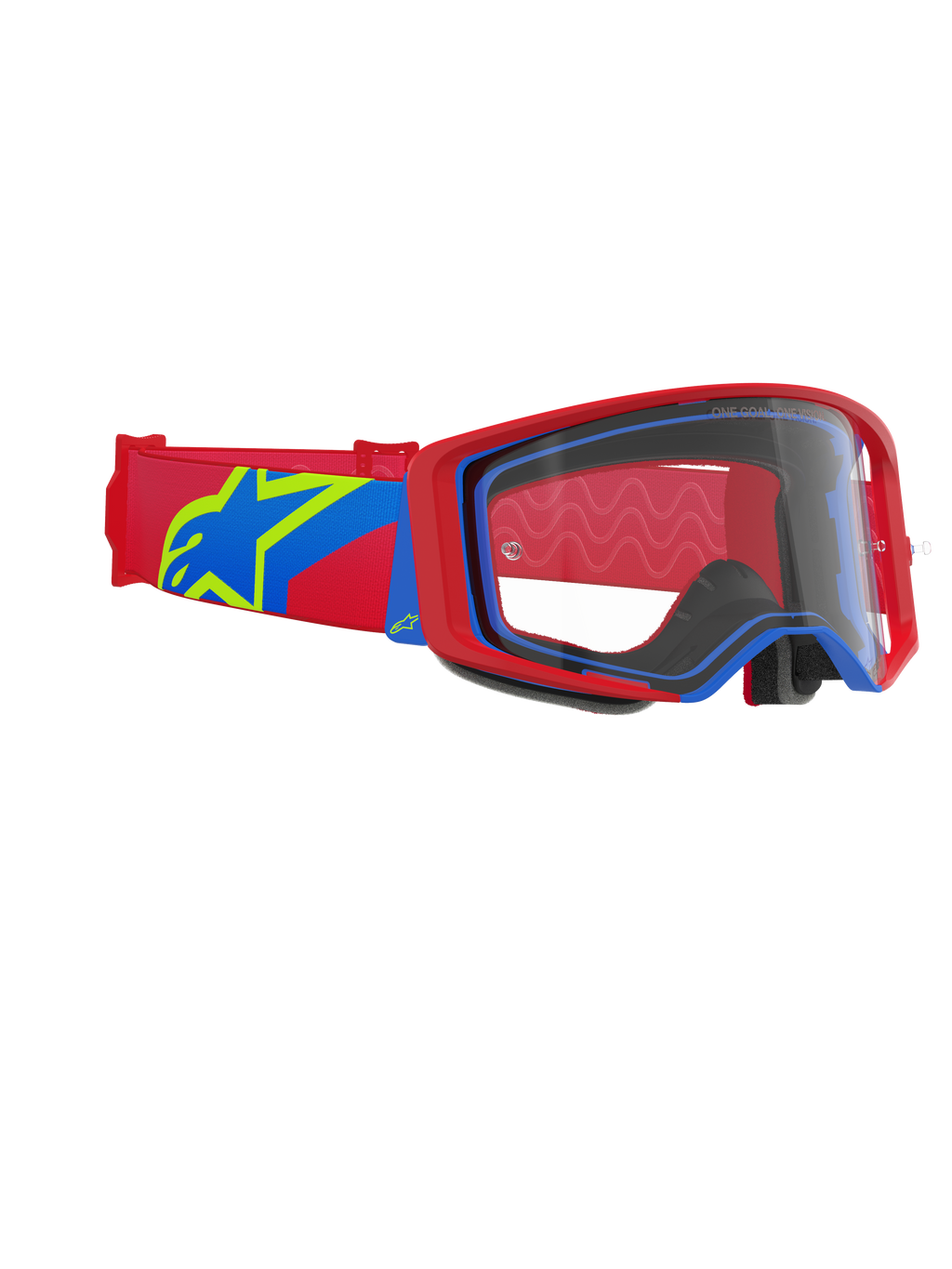 Gogle Alpinestars Supertech Corp, gogle motocrossowe, czerwono-niebieska oprawka z przezroczystą szybką, czerwono-niebieski pasek z dużym żółto-niebieskim logo gwiazdy, profesjonalna ochrona oczu do wyścigów off-road