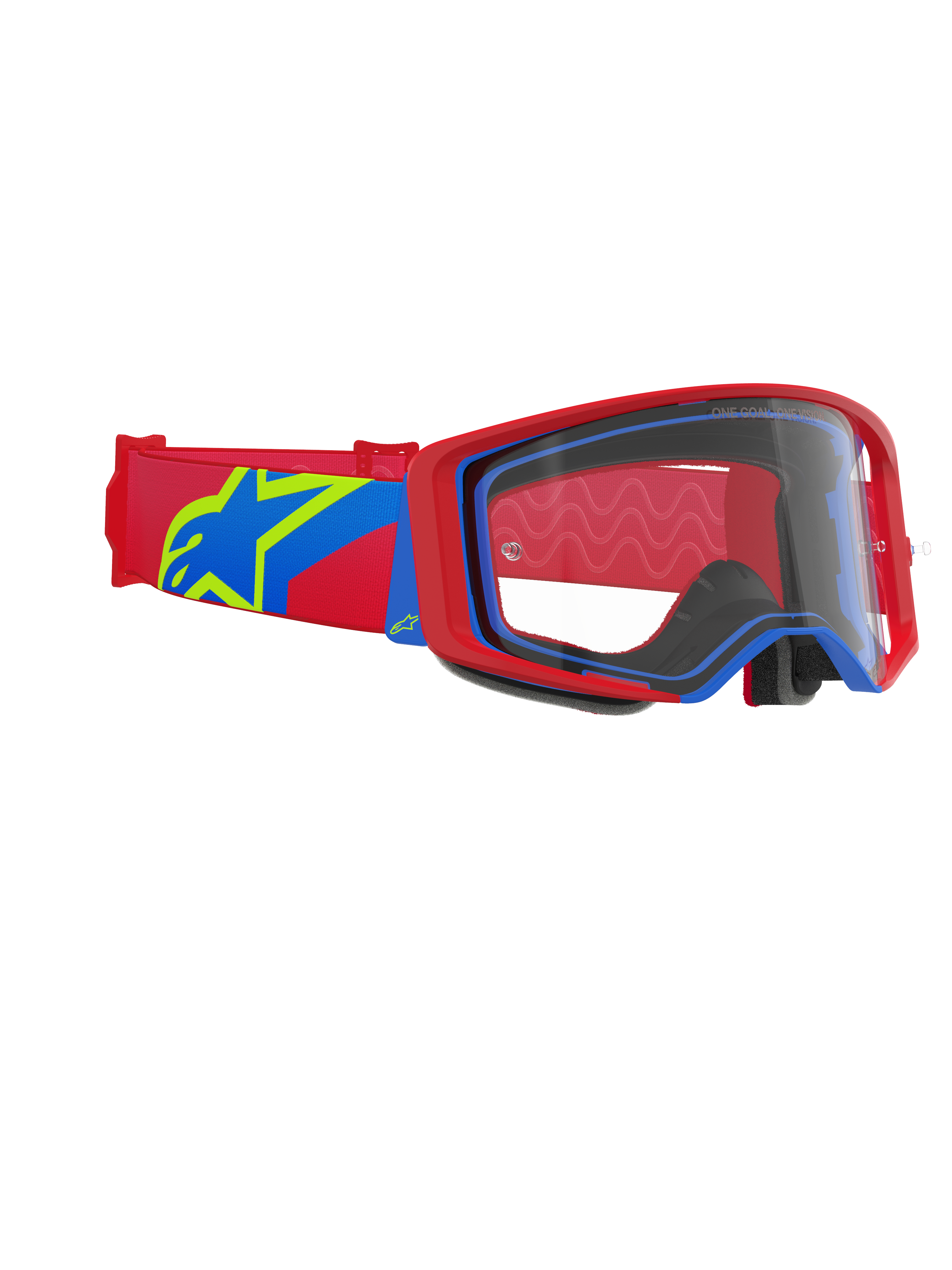 Gogle Alpinestars Supertech Corp, gogle motocrossowe, czerwono-niebieska oprawka z przezroczystą szybką, czerwono-niebieski pasek z dużym żółto-niebieskim logo gwiazdy, profesjonalna ochrona oczu do wyścigów off-road