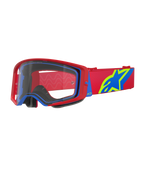 Alpinestars Supertech Corp Goggles, gogle motocrossowe, czerwono-niebieskie z przezroczystą soczewką, czerwony regulowany pasek z dużym niebiesko-limonkowym logo gwiazdy, wielowarstwowa pianka zapewniająca komfort, profesjonalna ochrona oczu do wyścigów terenowych