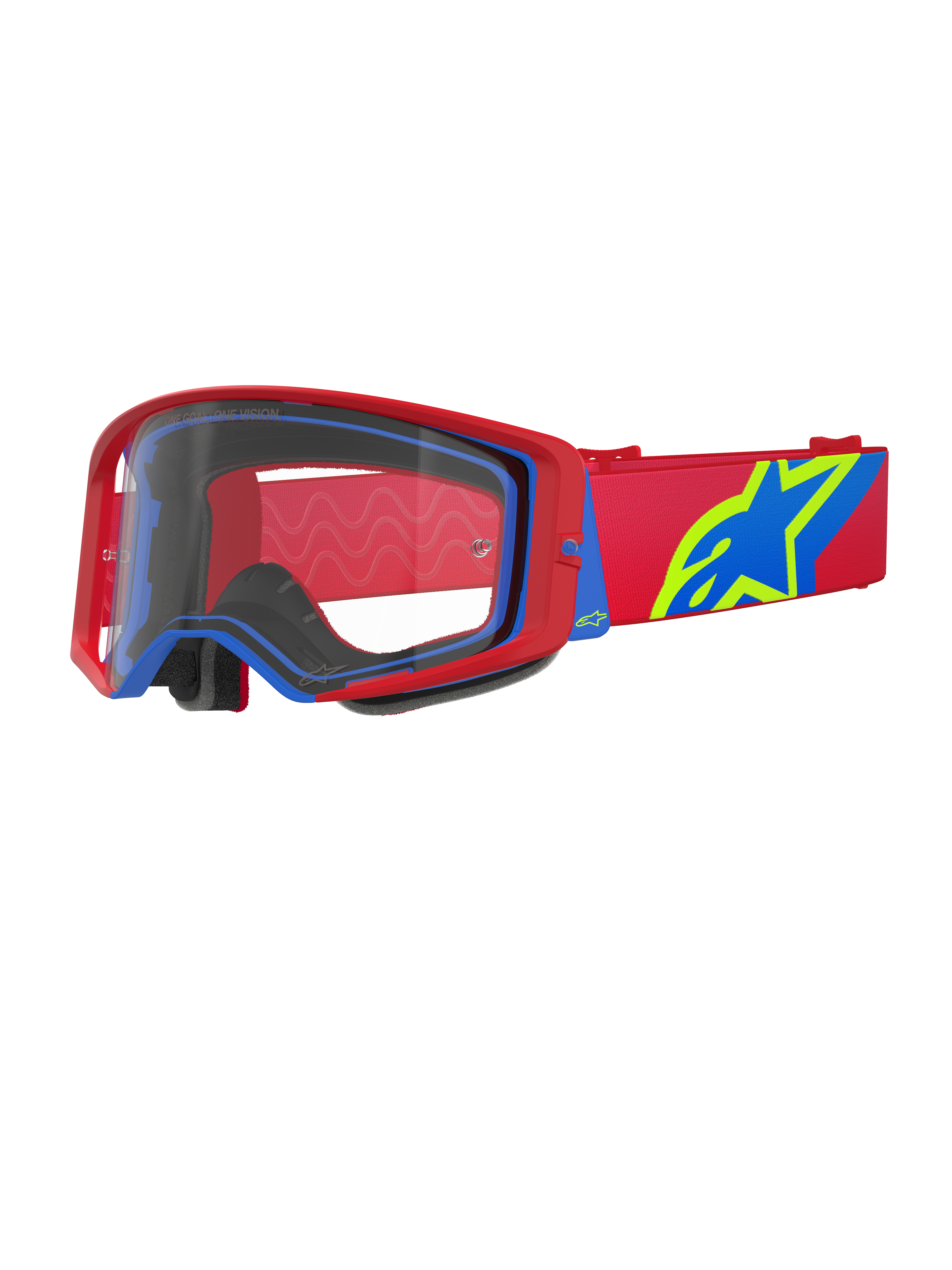 Alpinestars Supertech Corp Goggles, gogle motocrossowe, czerwono-niebieskie z przezroczystą soczewką, czerwony regulowany pasek z dużym niebiesko-limonkowym logo gwiazdy, wielowarstwowa pianka zapewniająca komfort, profesjonalna ochrona oczu do wyścigów terenowych