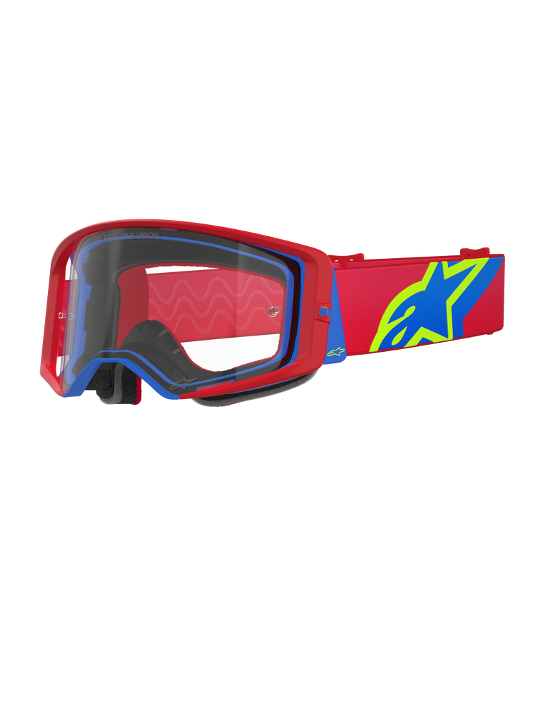 Alpinestars Supertech Corp Goggles, gogle motocrossowe, czerwono-niebieskie z przezroczystą soczewką, czerwony regulowany pasek z dużym niebiesko-limonkowym logo gwiazdy, wielowarstwowa pianka zapewniająca komfort, profesjonalna ochrona oczu do wyścigów terenowych