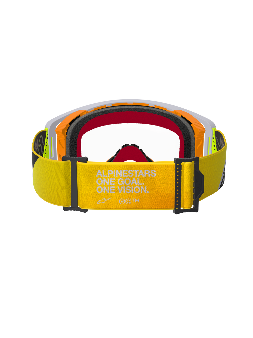 Alpinestars Supertech Corp Goggles, gogle motocrossowe, kolor żółty neonowy i szary, widok z tyłu eksponujący żółty pasek z białym napisem „ALPINESTARS ONE GOAL. ONE VISION.”, wielowarstwowa pianka, wytrzymała konstrukcja ramy do wyścigów off-road