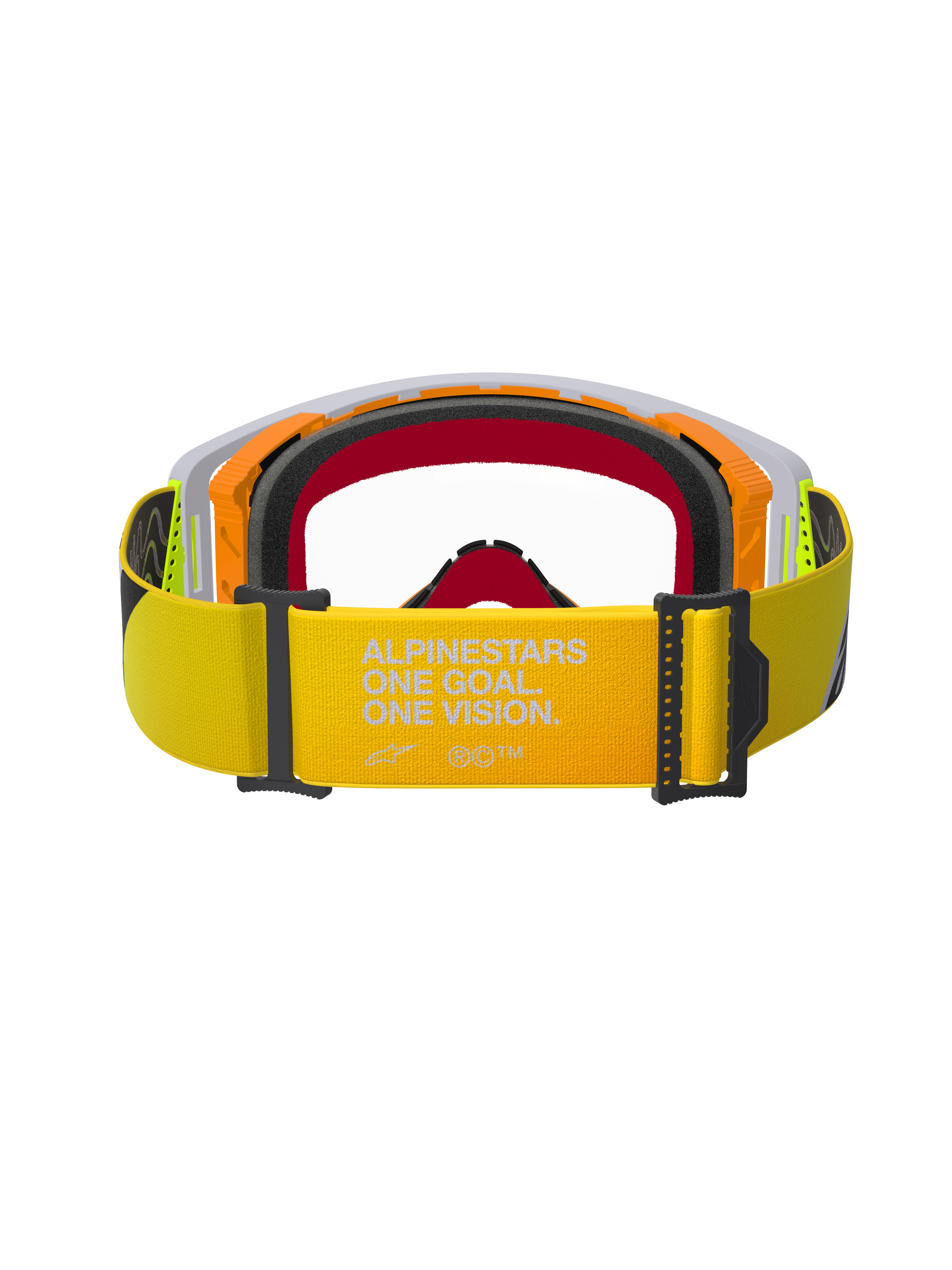 Alpinestars Supertech Corp Goggles, gogle motocrossowe, kolor żółty neonowy i szary, widok z tyłu eksponujący żółty pasek z białym napisem „ALPINESTARS ONE GOAL. ONE VISION.”, wielowarstwowa pianka, wytrzymała konstrukcja ramy do wyścigów off-road