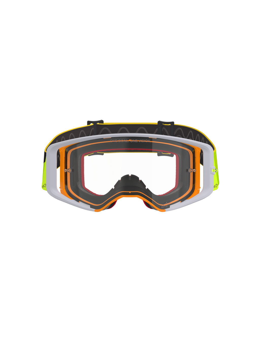 Alpinestars Supertech Corp Goggles, gogle motocrossowe, oprawka w kolorze żółtym fluo i białym z przezroczystą szybką, szare akcenty, czarny regulowany pasek z żółtym brandingiem i wewnętrznym silikonowym uchwytem, wysokiej jakości gogle do wyścigów terenowych