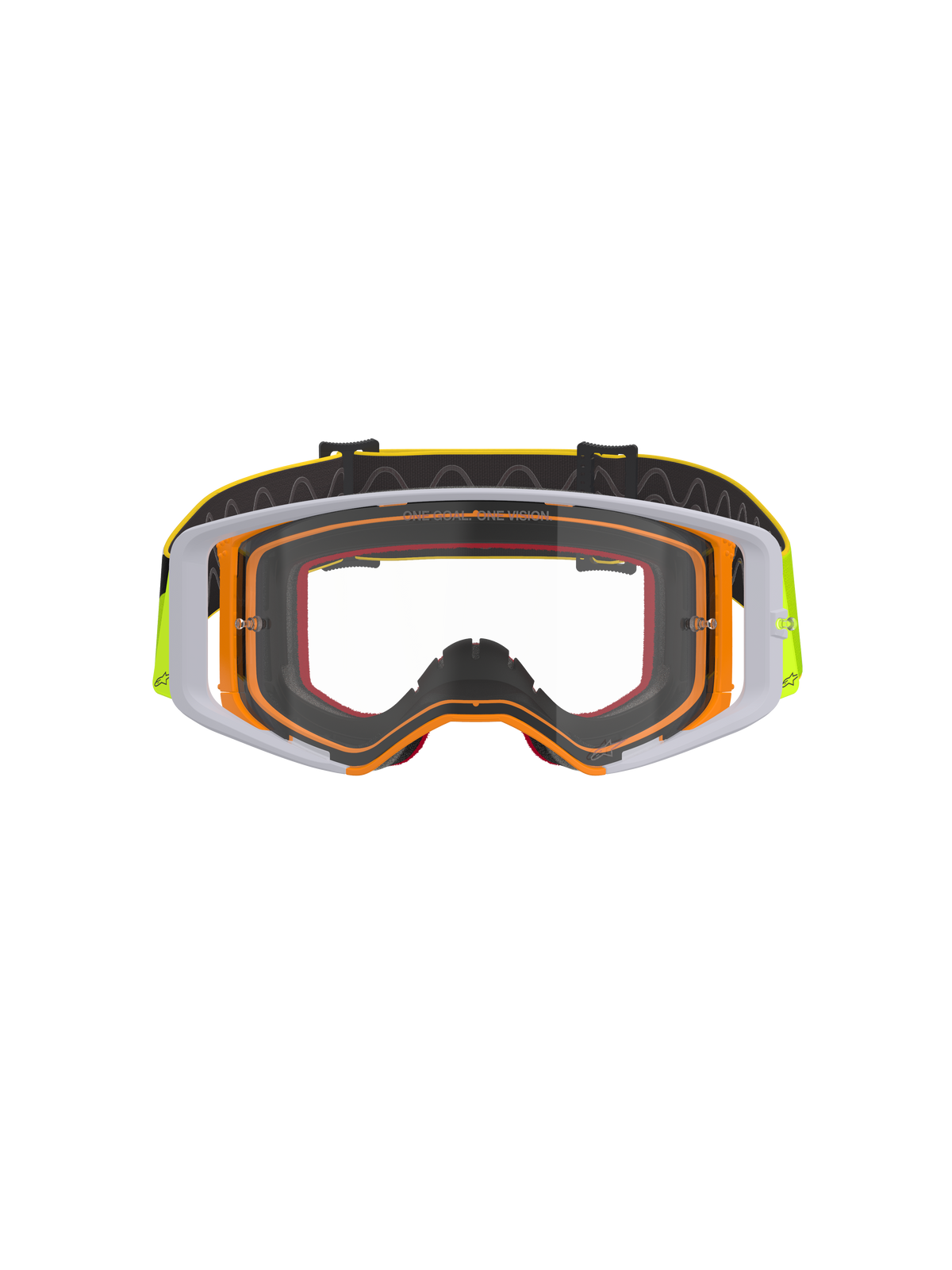 Alpinestars Supertech Corp Goggles, gogle motocrossowe, oprawka w kolorze żółtym fluo i białym z przezroczystą szybką, szare akcenty, czarny regulowany pasek z żółtym brandingiem i wewnętrznym silikonowym uchwytem, wysokiej jakości gogle do wyścigów terenowych