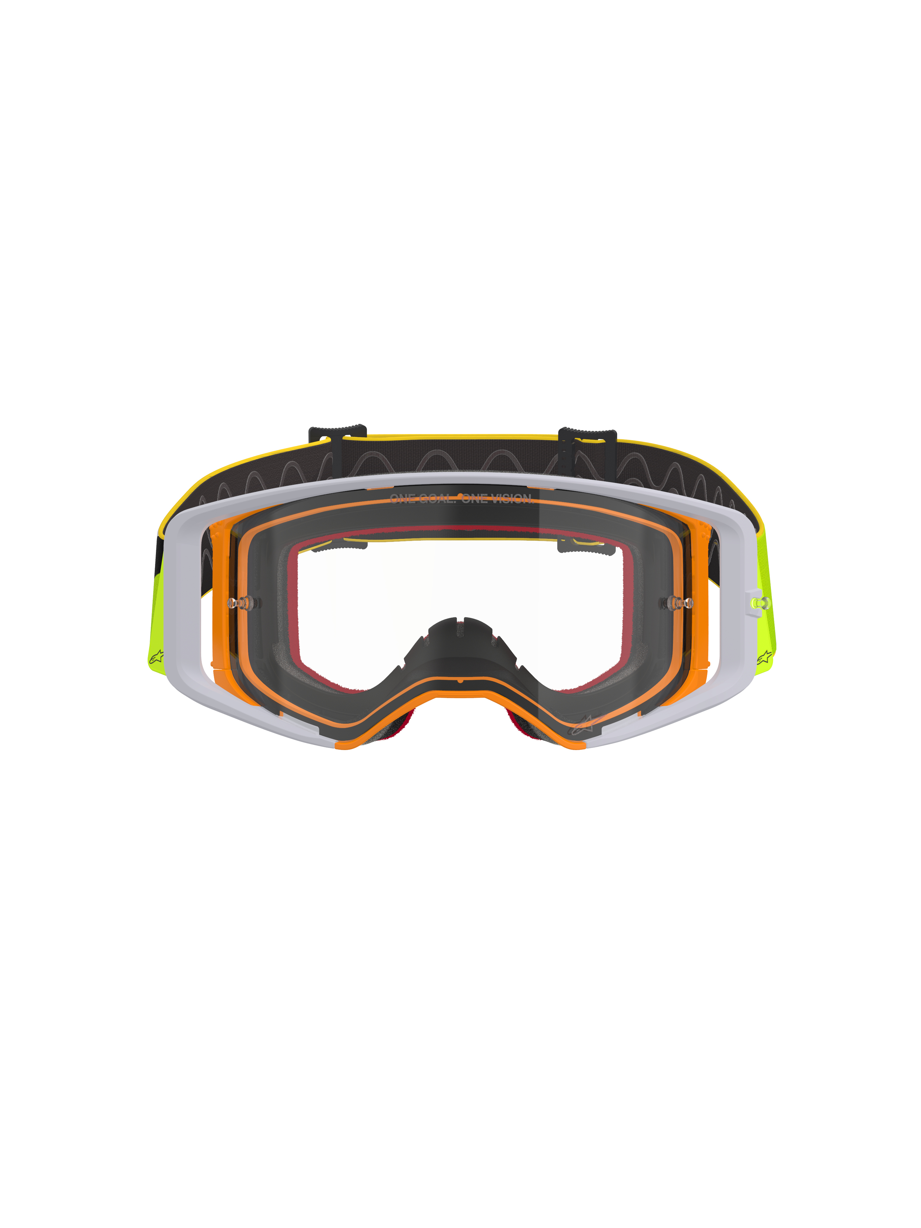 Alpinestars Supertech Corp Goggles, gogle motocrossowe, oprawka w kolorze żółtym fluo i białym z przezroczystą szybką, szare akcenty, czarny regulowany pasek z żółtym brandingiem i wewnętrznym silikonowym uchwytem, wysokiej jakości gogle do wyścigów terenowych