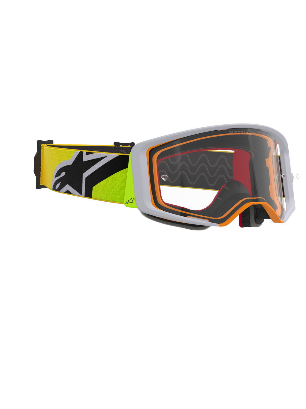 Alpinestars Supertech Corp Goggles, gogle motocrossowe, żółte fluo i szare, przezroczysta soczewka z pomarańczowymi akcentami oprawki, żółty pasek fluo z czarnym logo Alpinestars, przeznaczone do wyścigów off-road