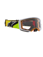 Alpinestars Supertech Corp Goggles, gogle motocrossowe, żółte fluo i szare, przezroczysta soczewka z pomarańczowymi akcentami oprawki, żółty pasek fluo z czarnym logo Alpinestars, przeznaczone do wyścigów off-road