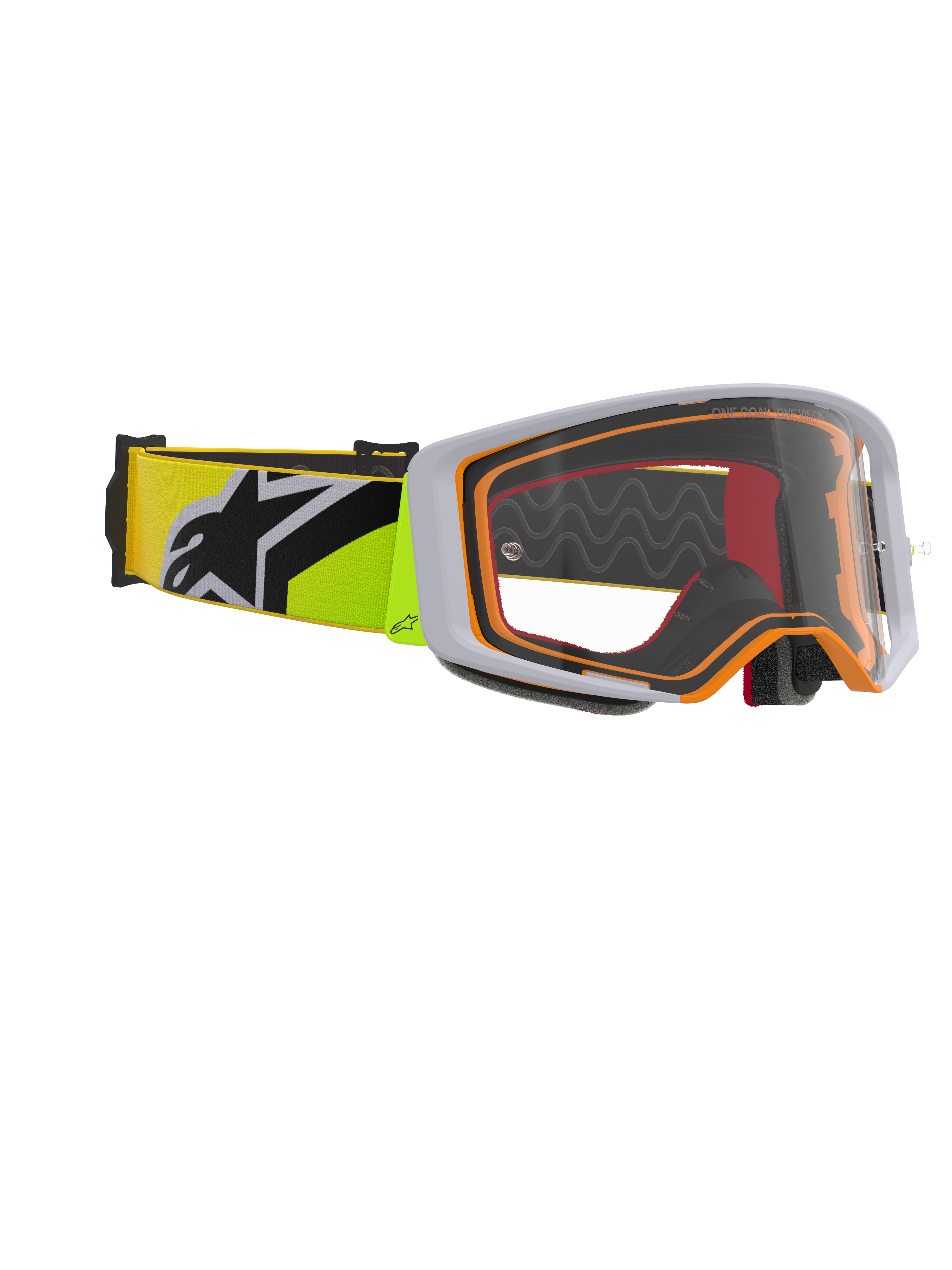 Alpinestars Supertech Corp Goggles, gogle motocrossowe, żółte fluo i szare, przezroczysta soczewka z pomarańczowymi akcentami oprawki, żółty pasek fluo z czarnym logo Alpinestars, przeznaczone do wyścigów off-road