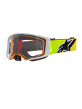 Gogle Alpinestars Supertech Corp, gogle motocrossowe, żółte fluo i szare z przezroczystą soczewką, szara zewnętrzna ramka z pomarańczową uszczelką wewnętrzną, jaskrawożółty pasek z czarno-białym logo Alpinestars, wysokiej klasy gogle do wyścigów terenowych