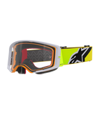Gogle Alpinestars Supertech Corp, gogle motocrossowe, żółte fluo i szare z przezroczystą soczewką, szara zewnętrzna ramka z pomarańczową uszczelką wewnętrzną, jaskrawożółty pasek z czarno-białym logo Alpinestars, wysokiej klasy gogle do wyścigów terenowych