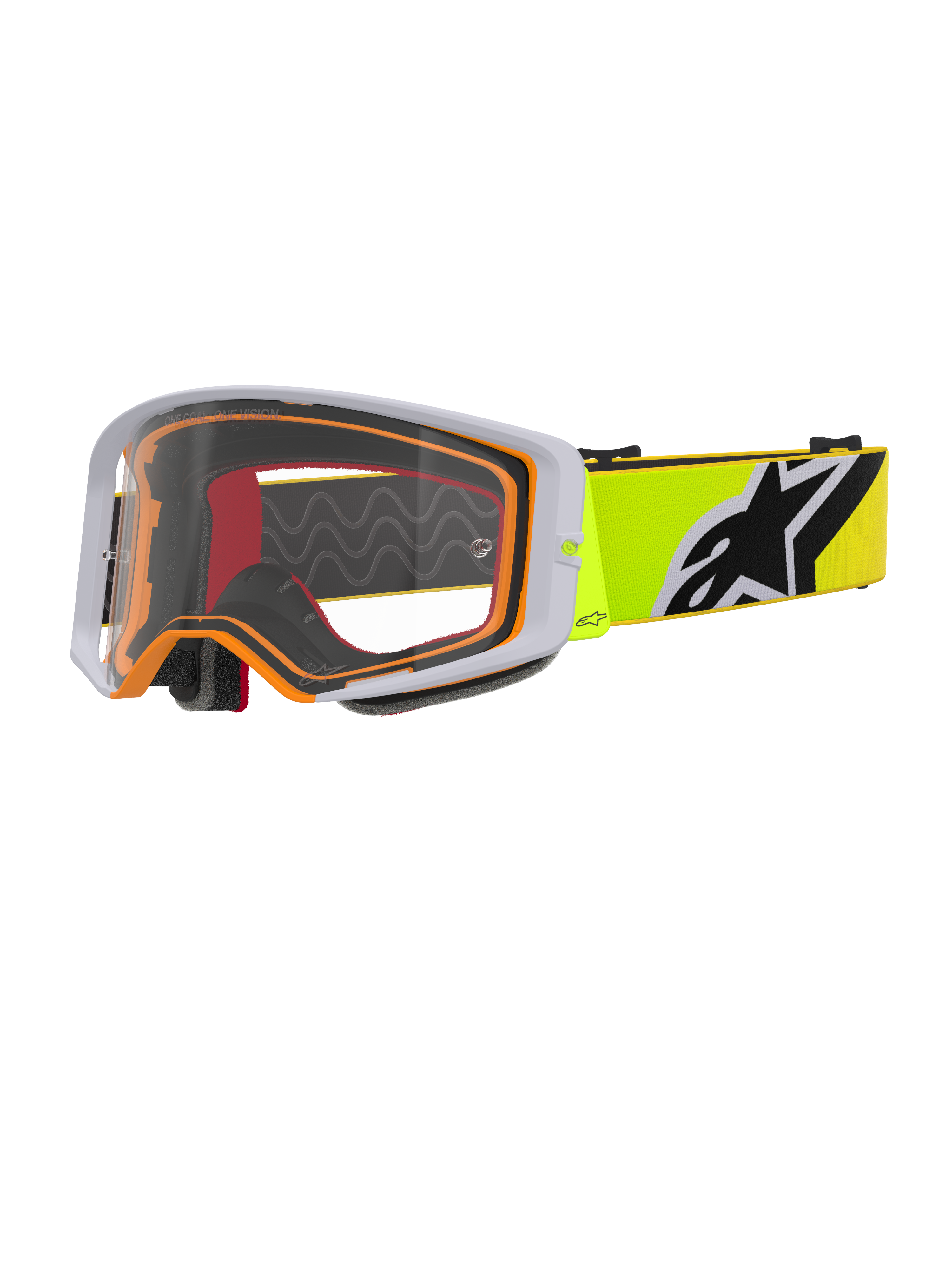 Gogle Alpinestars Supertech Corp, gogle motocrossowe, żółte fluo i szare z przezroczystą soczewką, szara zewnętrzna ramka z pomarańczową uszczelką wewnętrzną, jaskrawożółty pasek z czarno-białym logo Alpinestars, wysokiej klasy gogle do wyścigów terenowych