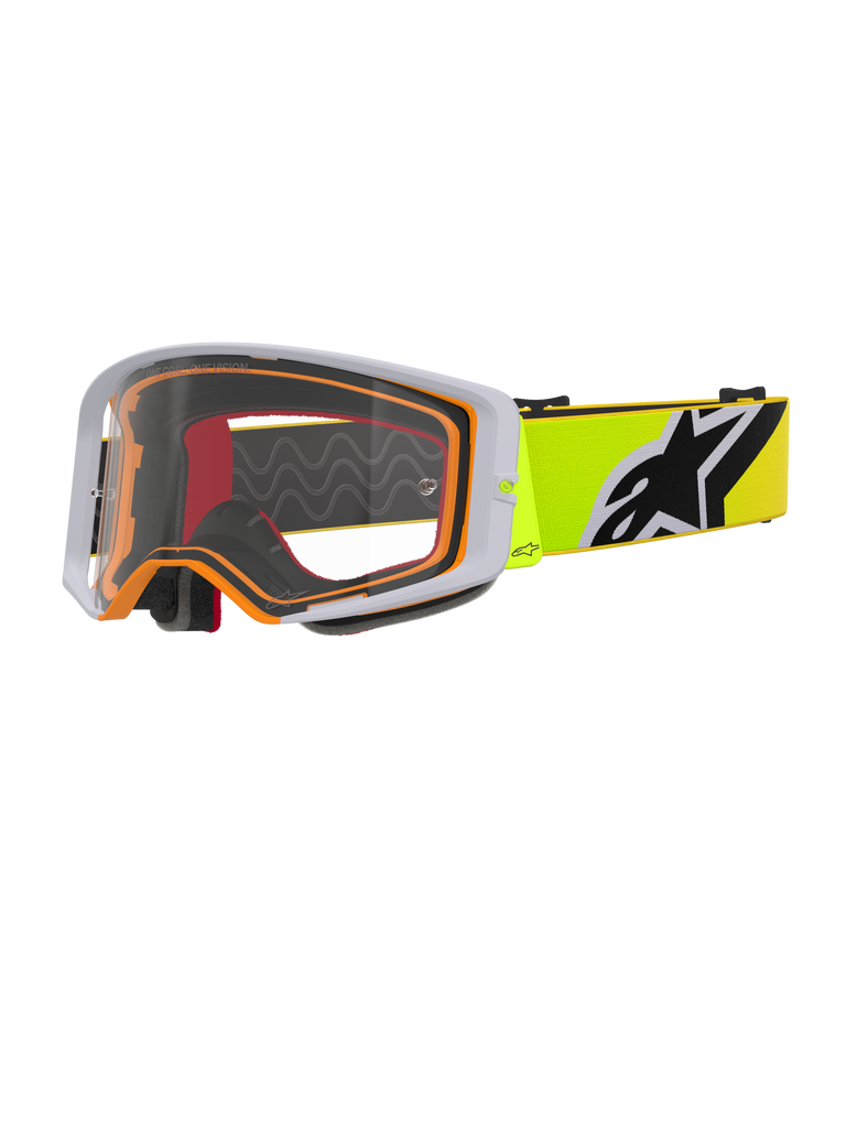 Gogle Alpinestars Supertech Corp, gogle motocrossowe, żółte fluo i szare z przezroczystą soczewką, szara zewnętrzna ramka z pomarańczową uszczelką wewnętrzną, jaskrawożółty pasek z czarno-białym logo Alpinestars, wysokiej klasy gogle do wyścigów terenowych