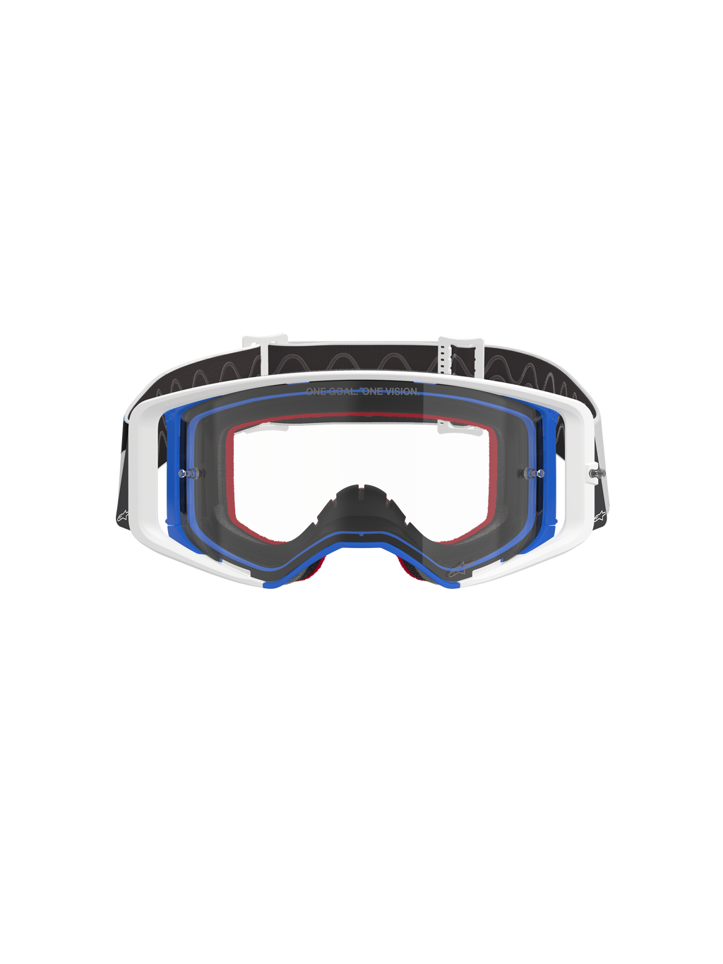 Alpinestars Supertech Corp Goggles, gogle motocrossowe, niebiesko-biało-pomarańczowe z przezroczystą szybką, czarny pasek z białym logo, profesjonalne gogle do wyścigów off-road z szerokim polem widzenia i konstrukcją z podwójnie wtryskiwaną ramką
