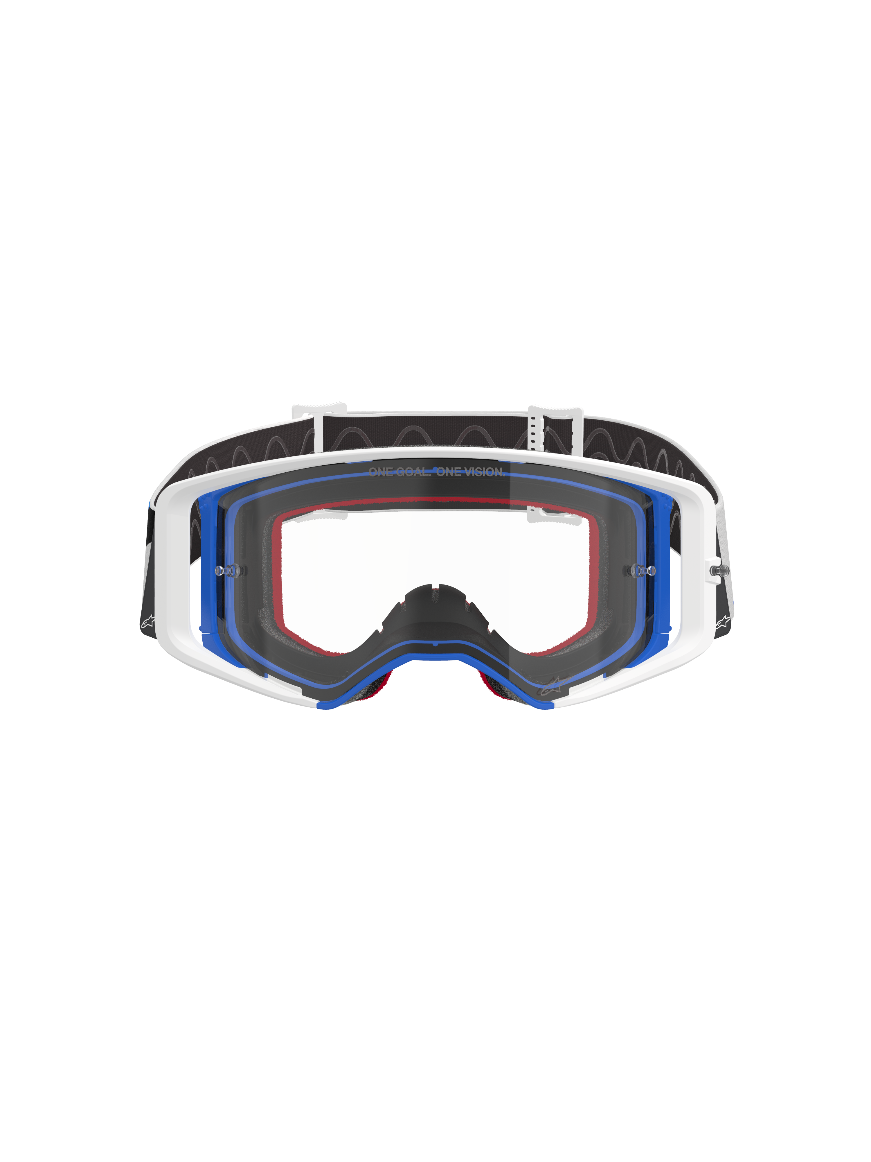 Alpinestars Supertech Corp Goggles, gogle motocrossowe, niebiesko-biało-pomarańczowe z przezroczystą szybką, czarny pasek z białym logo, profesjonalne gogle do wyścigów off-road z szerokim polem widzenia i konstrukcją z podwójnie wtryskiwaną ramką