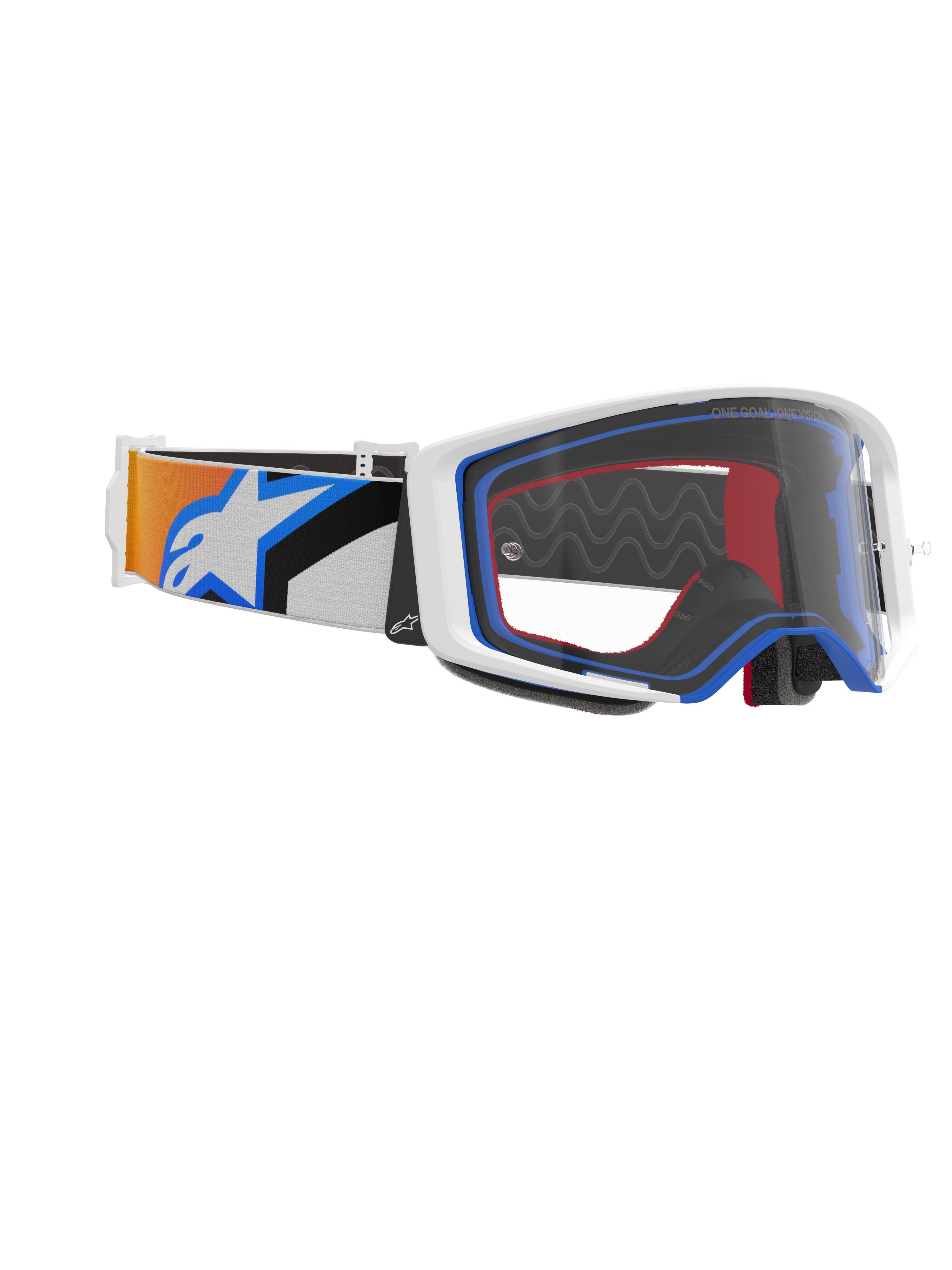 Gogle Alpinestars Supertech Corp, gogle motocrossowe, niebieskie, pomarańczowe i przezroczyste, widok z boku ukazujący przezroczystą szybkę, biała oprawka z niebieskimi i czerwonymi akcentami, szeroki pasek z pomarańczową i niebieską grafiką oraz dużym białym logo Alpinestars