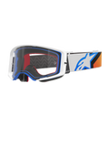 Gogle Alpinestars Supertech Corp, gogle motocrossowe, niebieskie, pomarańczowe i białe, przezroczysta soczewka z białą ramką i niebieskimi akcentami, szeroki pasek z logo gwiazdy Alpinestars i silikonowym uchwytem, wysokiej klasy gogle ochronne do wyścigów terenowych