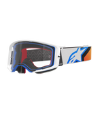 Gogle Alpinestars Supertech Corp, gogle motocrossowe, niebieskie, pomarańczowe i białe, przezroczysta soczewka z białą ramką i niebieskimi akcentami, szeroki pasek z logo gwiazdy Alpinestars i silikonowym uchwytem, wysokiej klasy gogle ochronne do wyścigów terenowych
