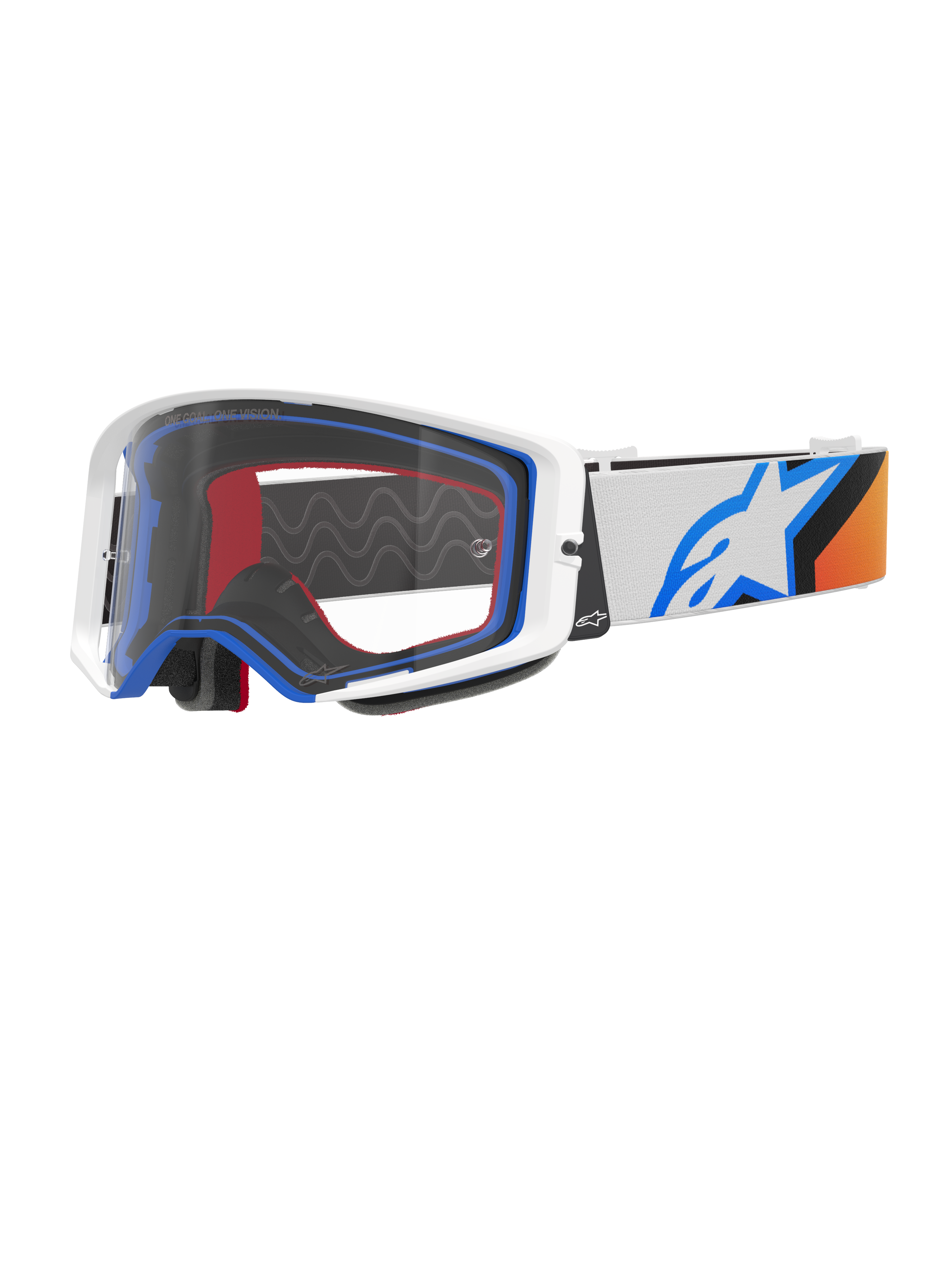 Gogle Alpinestars Supertech Corp, gogle motocrossowe, niebieskie, pomarańczowe i białe, przezroczysta soczewka z białą ramką i niebieskimi akcentami, szeroki pasek z logo gwiazdy Alpinestars i silikonowym uchwytem, wysokiej klasy gogle ochronne do wyścigów terenowych