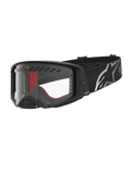 Gogle Alpinestars Supertech Dura Air Fluid, czarne i srebrne gogle motocrossowe, przezroczysta soczewka i szeroki pasek.