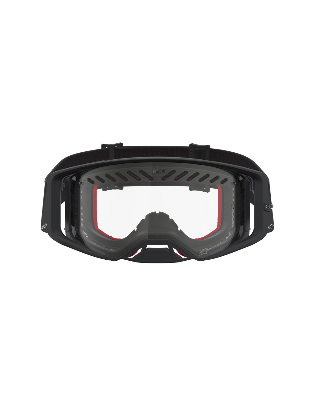 Alpinestars Supertech Dura Air Fluid Goggles, black and red motocross racing goggles with clear lens and ventilated frame.