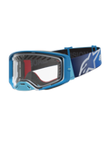 Gogle Alpinestars Supertech Dura Air Fluid, niebieskie i srebrne gogle motocrossowe, przezroczysta soczewka, jazda off-road.
