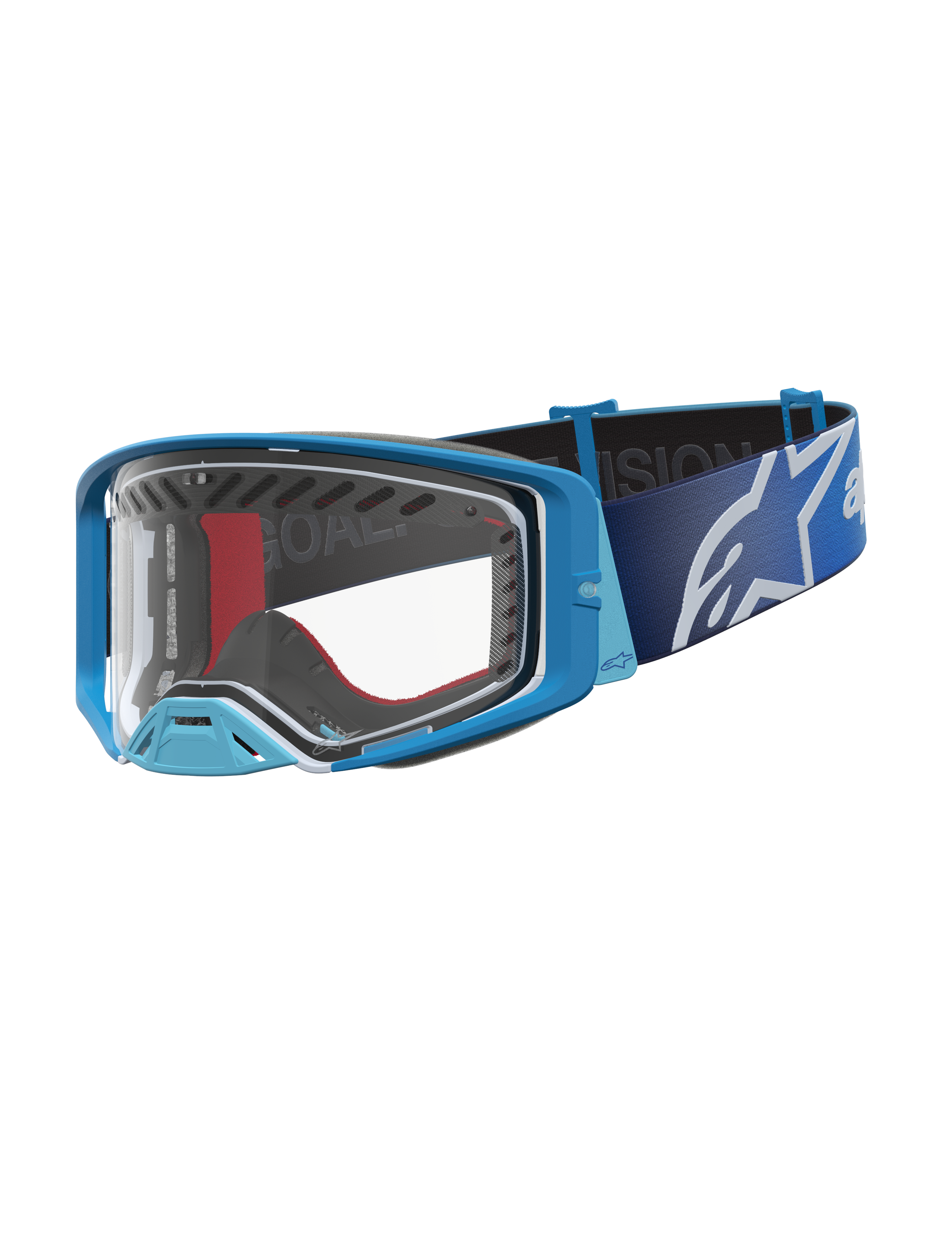 Gogle Alpinestars Supertech Dura Air Fluid, niebieskie i srebrne gogle motocrossowe, przezroczysta soczewka, jazda off-road.