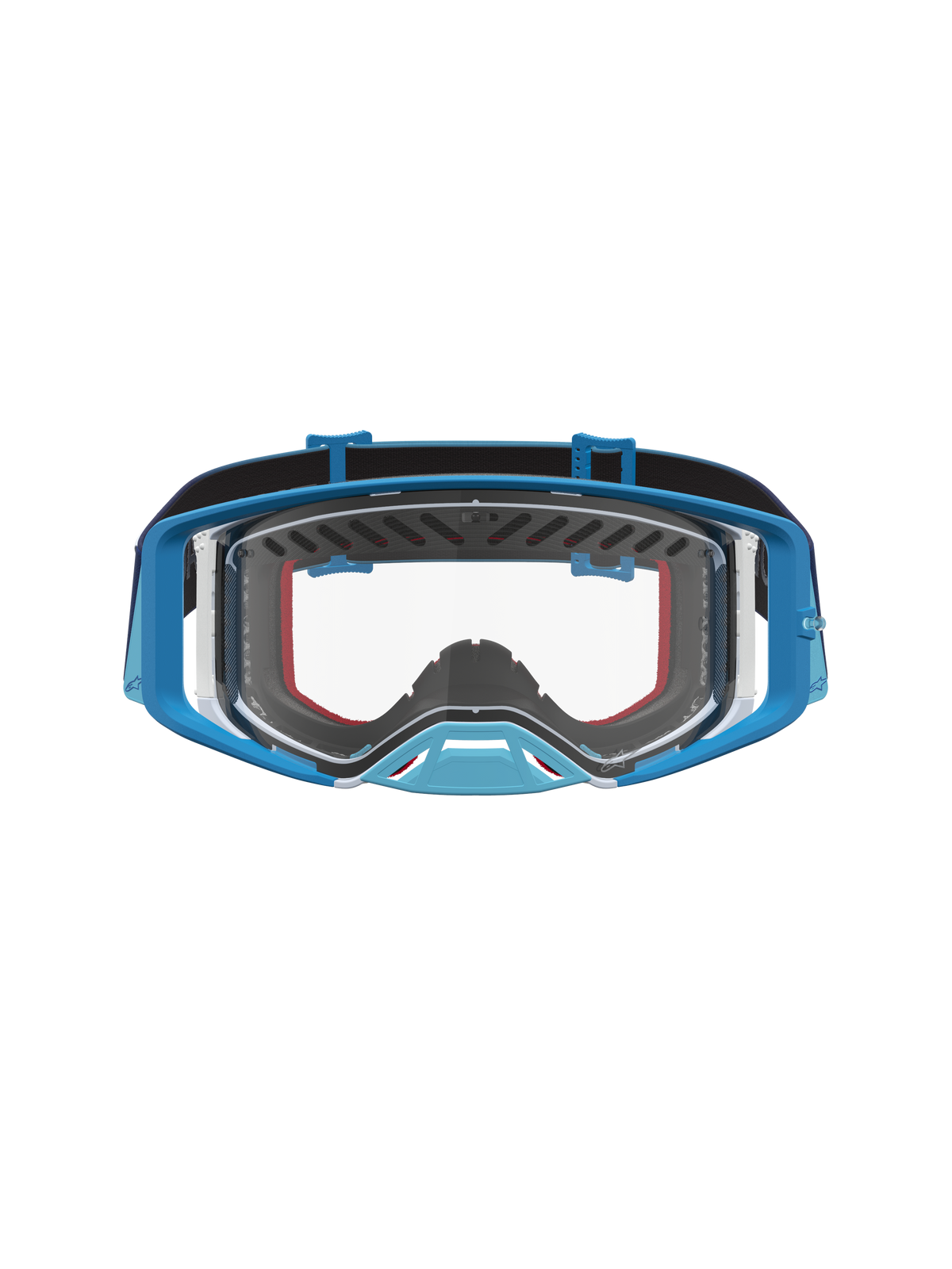 Gogle Alpinestars Supertech Dura Air Fluid, gogle motocrossowe, niebieskie i szare, przezroczysta soczewka wysokiej jakości.