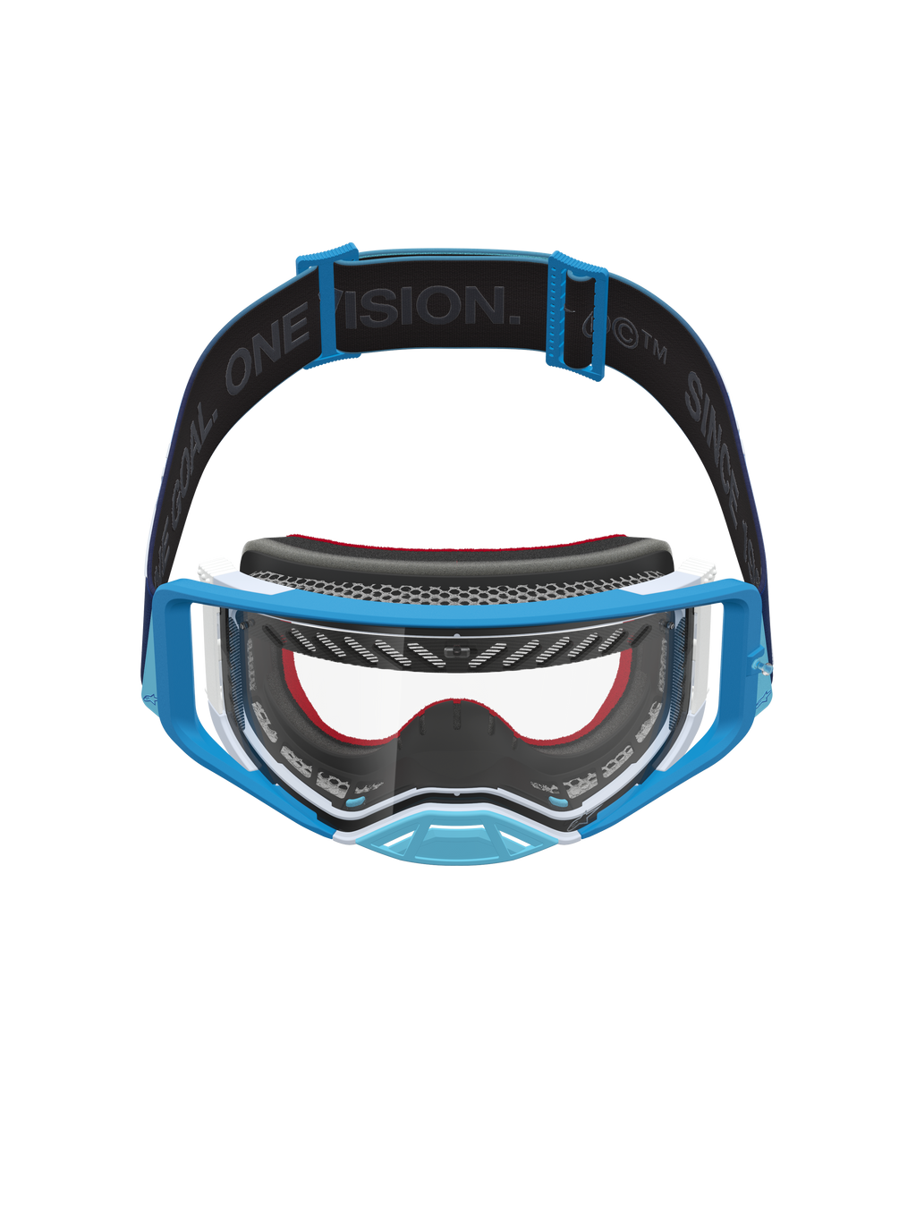 Alpinestars Supertech Dura Air Fluid Goggles in blue and white, with a clear lens and branded strap for motocross racing.
