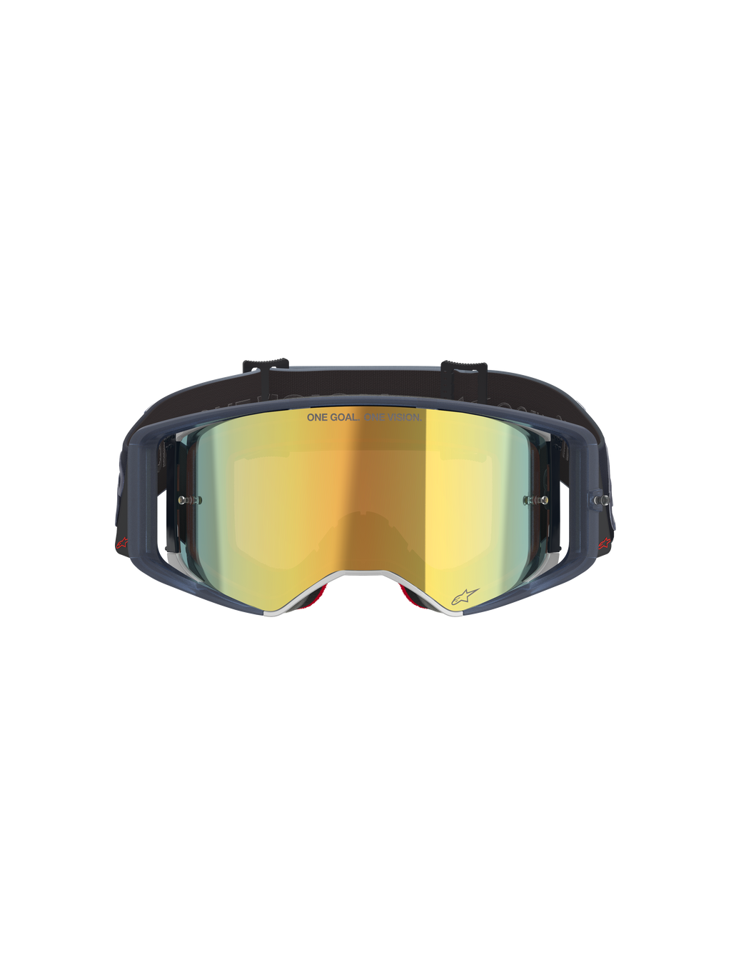 Alpinestars Supertech Vision Vista Goggles, gogle motocrossowe, Black Mirror Gold, widok z przodu z lustrzaną złotą szybką i ciemną oprawką, profesjonalne gogle wyścigowe off-road z napisem "ONE GOAL. ONE VISION." i detalami logo.