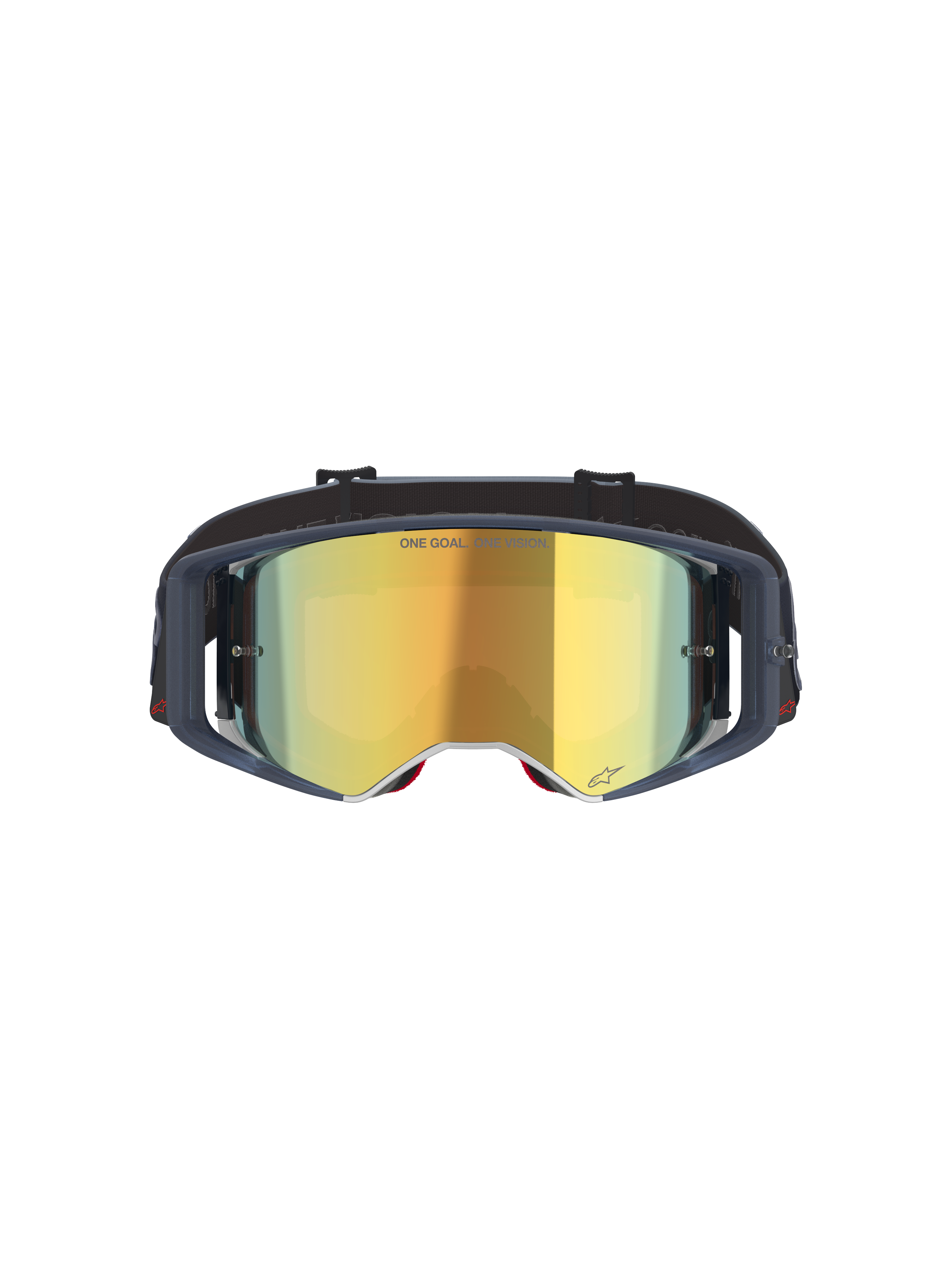 Alpinestars Supertech Vision Vista Goggles, gogle motocrossowe, Black Mirror Gold, widok z przodu z lustrzaną złotą szybką i ciemną oprawką, profesjonalne gogle wyścigowe off-road z napisem "ONE GOAL. ONE VISION." i detalami logo.
