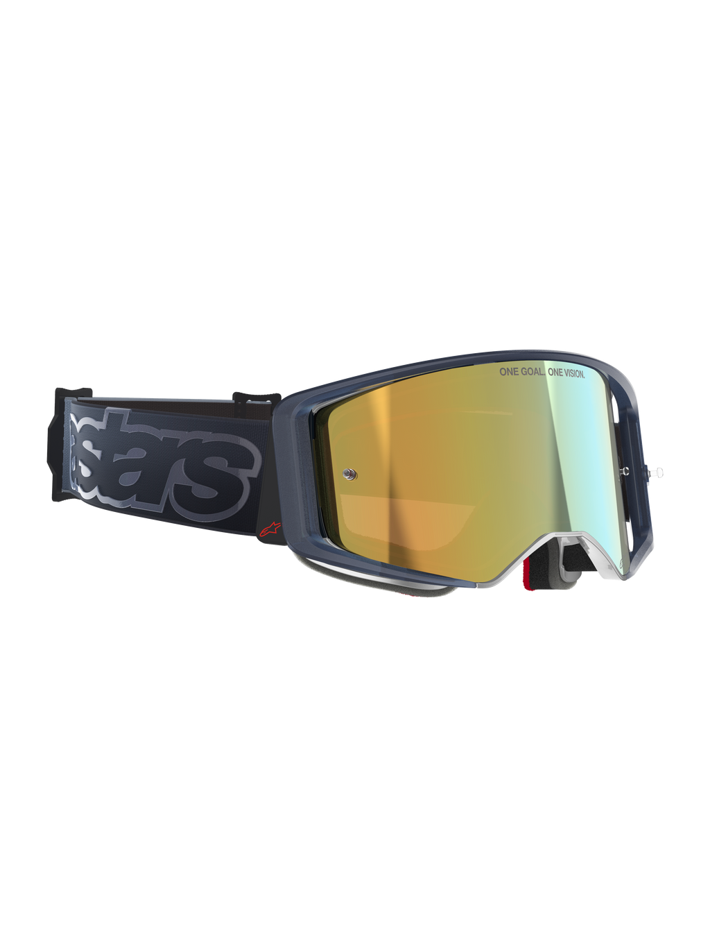 Gogle Alpinestars Supertech Vision Vista, gogle motocrossowe, kolor Black Mirror Gold, złota lustrzana szybka z napisem „ONE GOAL. ONE VISION.”, ciemna oprawka z czerwonym akcentem logo, szeroki czarny pasek z szarym brandingiem „stars”, profesjonalne gogle off-road