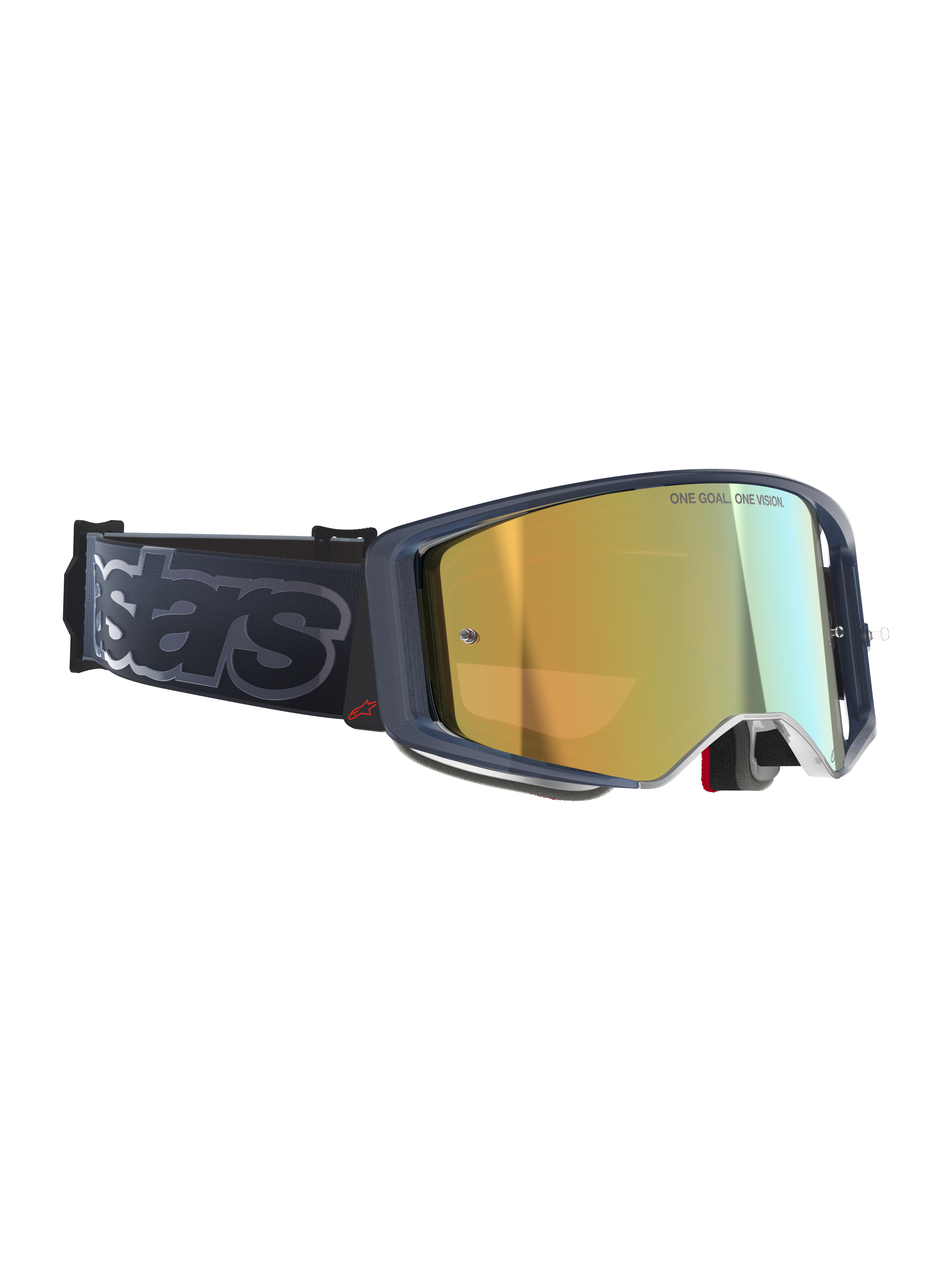 Gogle Alpinestars Supertech Vision Vista, gogle motocrossowe, kolor Black Mirror Gold, złota lustrzana szybka z napisem „ONE GOAL. ONE VISION.”, ciemna oprawka z czerwonym akcentem logo, szeroki czarny pasek z szarym brandingiem „stars”, profesjonalne gogle off-road