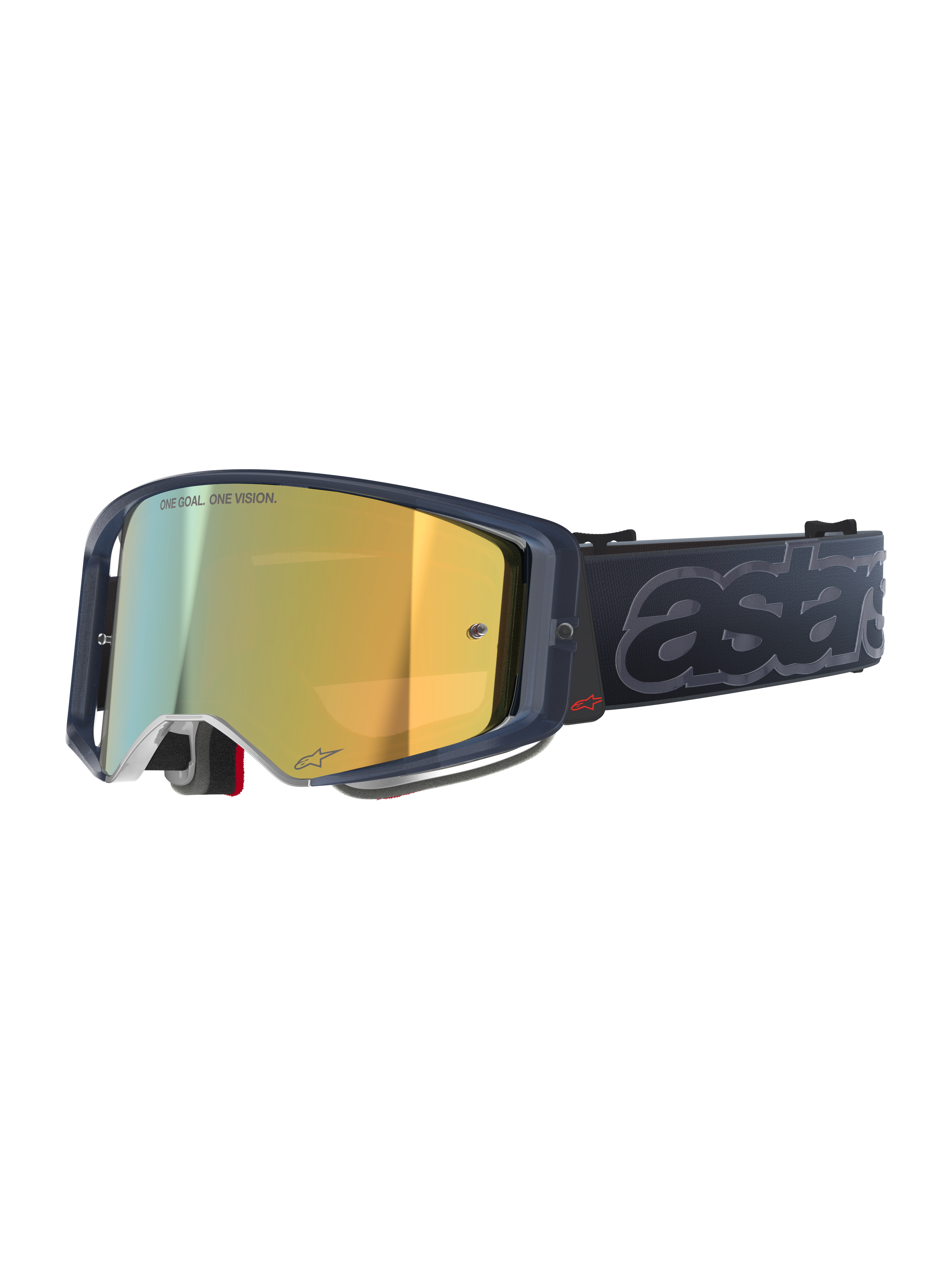 Gogle Alpinestars Supertech Vision Vista, gogle motocrossowe MX, kolorystyka Black Mirror Gold, ciemna półprzezroczysta oprawka, złota lustrzana szyba z napisem „ONE GOAL. ONE VISION.”, czarny pasek z dużym wytłoczonym szarym logo „astars”