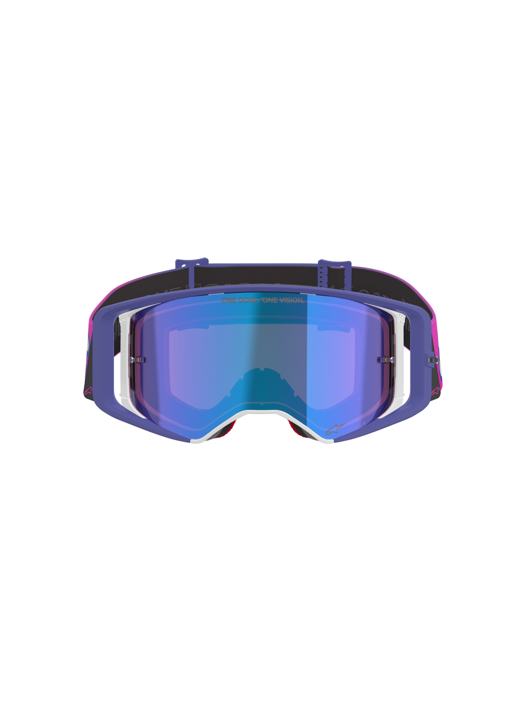 Alpinestars Supertech Vision Vista Goggles, gogle motocrossowe, fioletowy, neonowy róż i lustrzany niebieski, widok z przodu z lustrzaną niebieską soczewką, fioletowa ramka z białymi akcentami, jaskraworóżowy i czarny pasek z logo Alpinestars