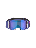 Alpinestars Supertech Vision Vista Goggles, gogle motocrossowe, fioletowy, neonowy róż i lustrzany niebieski, widok z przodu z lustrzaną niebieską soczewką, fioletowa ramka z białymi akcentami, jaskraworóżowy i czarny pasek z logo Alpinestars