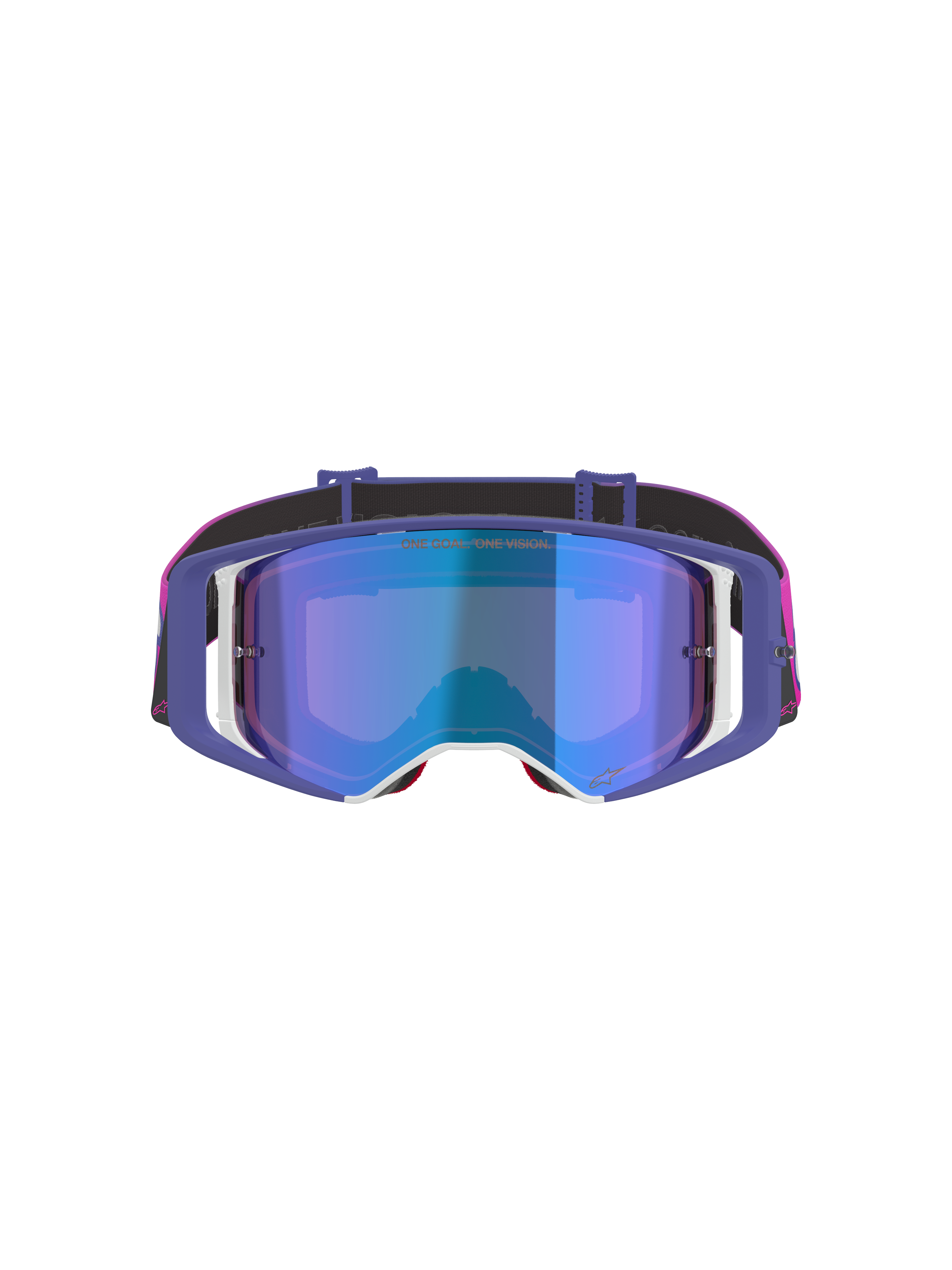 Alpinestars Supertech Vision Vista Goggles, gogle motocrossowe, fioletowy, neonowy róż i lustrzany niebieski, widok z przodu z lustrzaną niebieską soczewką, fioletowa ramka z białymi akcentami, jaskraworóżowy i czarny pasek z logo Alpinestars