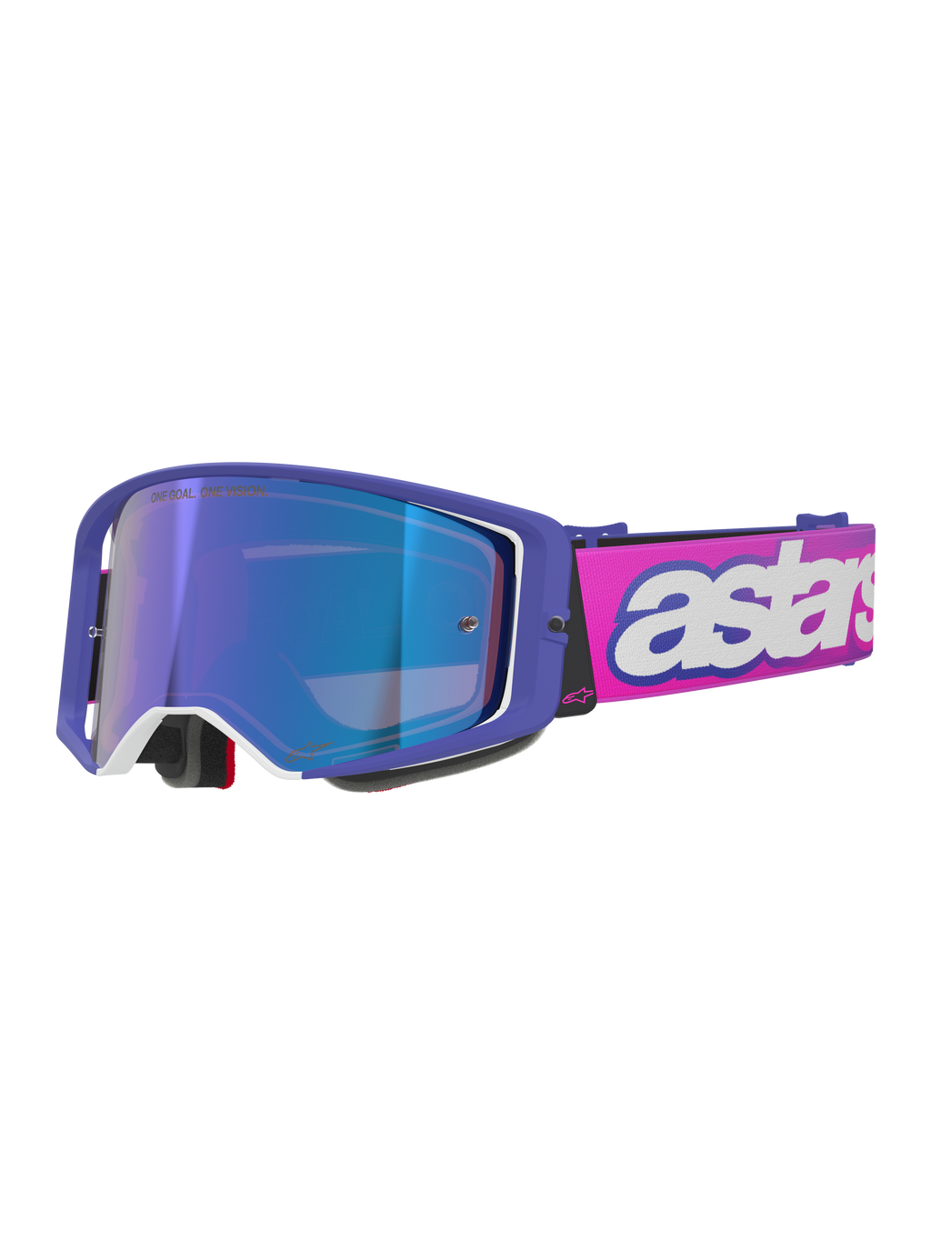 Gogle Alpinestars Supertech Vision Vista, gogle motocrossowe, fioletowa oprawka z białymi akcentami i niebieską lustrzaną szybką, jaskraworóżowy pasek z wyraźnym białym logo „astars”, profesjonalne gogle do wyścigów terenowych