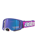 Gogle Alpinestars Supertech Vision Vista, gogle motocrossowe, fioletowa oprawka z białymi akcentami i niebieską lustrzaną szybką, jaskraworóżowy pasek z wyraźnym białym logo „astars”, profesjonalne gogle do wyścigów terenowych