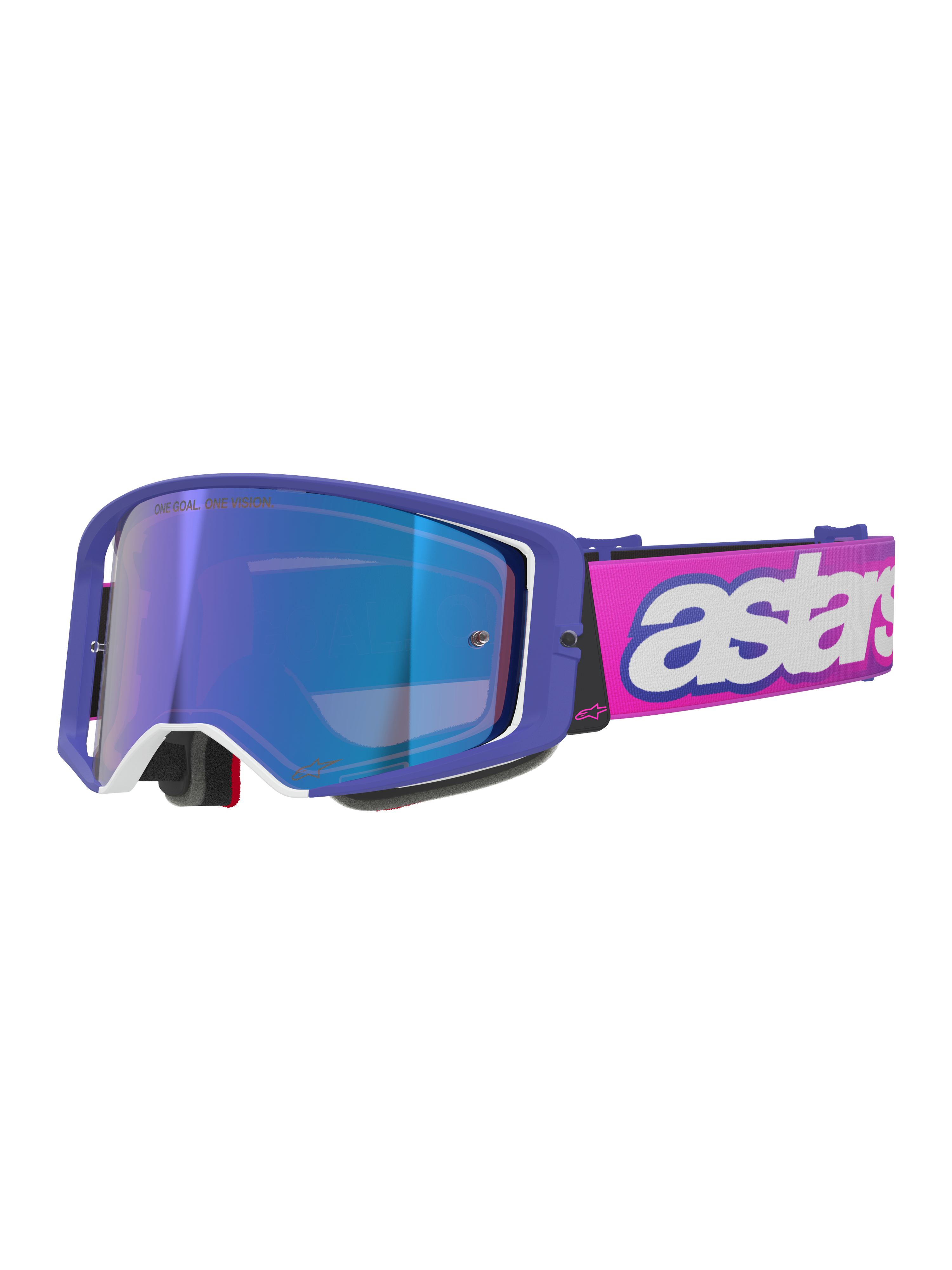 Gogle Alpinestars Supertech Vision Vista, gogle motocrossowe, fioletowa oprawka z białymi akcentami i niebieską lustrzaną szybką, jaskraworóżowy pasek z wyraźnym białym logo „astars”, profesjonalne gogle do wyścigów terenowych