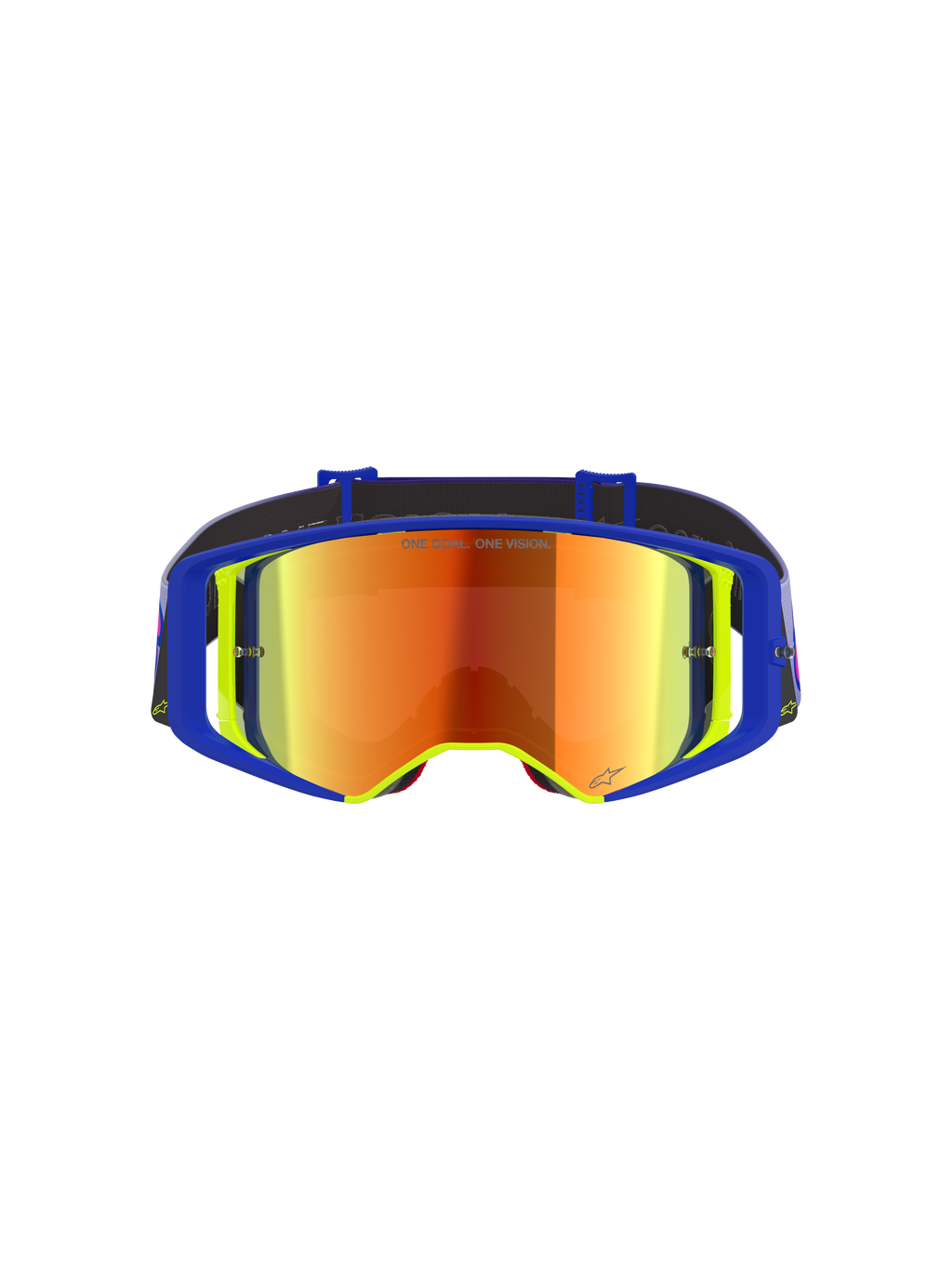 Gogle Alpinestars Supertech Vision Vista, gogle motocrossowe, niebiesko-żółta oprawka z lustrzaną czerwoną soczewką, fioletowe i pomarańczowe refleksy, napis „ONE GOAL. ONE VISION.” na soczewce, profesjonalne, wysokowydajne gogle off-road