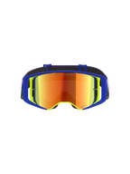 Gogle Alpinestars Supertech Vision Vista, gogle motocrossowe, niebiesko-żółta oprawka z lustrzaną czerwoną soczewką, fioletowe i pomarańczowe refleksy, napis „ONE GOAL. ONE VISION.” na soczewce, profesjonalne, wysokowydajne gogle off-road
