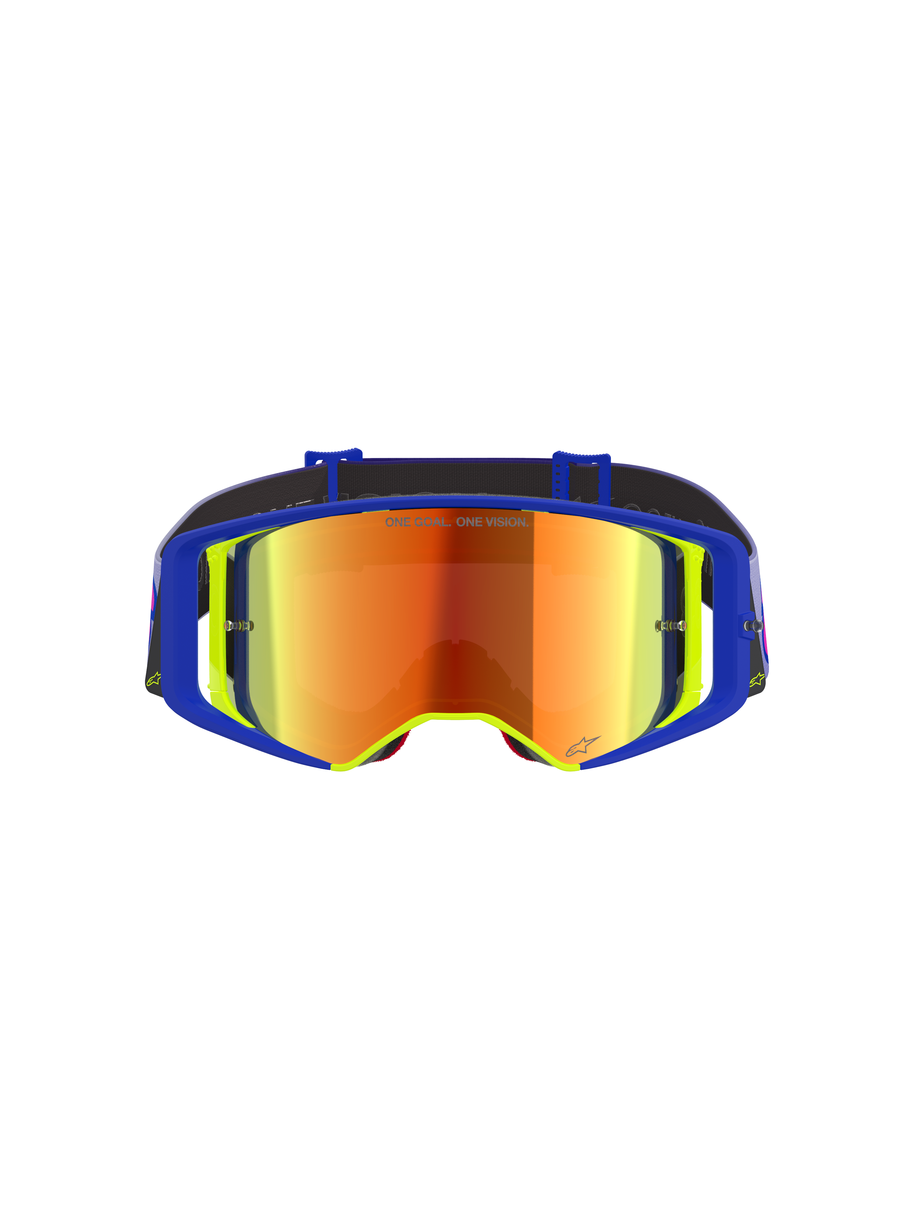 Gogle Alpinestars Supertech Vision Vista, gogle motocrossowe, niebiesko-żółta oprawka z lustrzaną czerwoną soczewką, fioletowe i pomarańczowe refleksy, napis „ONE GOAL. ONE VISION.” na soczewce, profesjonalne, wysokowydajne gogle off-road