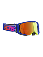 Alpinestars Supertech Vision Vista Goggles, gogle motocrossowe, niebiesko-żółta oprawka z czerwoną lustrzaną szybką, fioletowy pasek z wyrazistym różowym logo Alpinestars, profesjonalne gogle do jazdy off-road