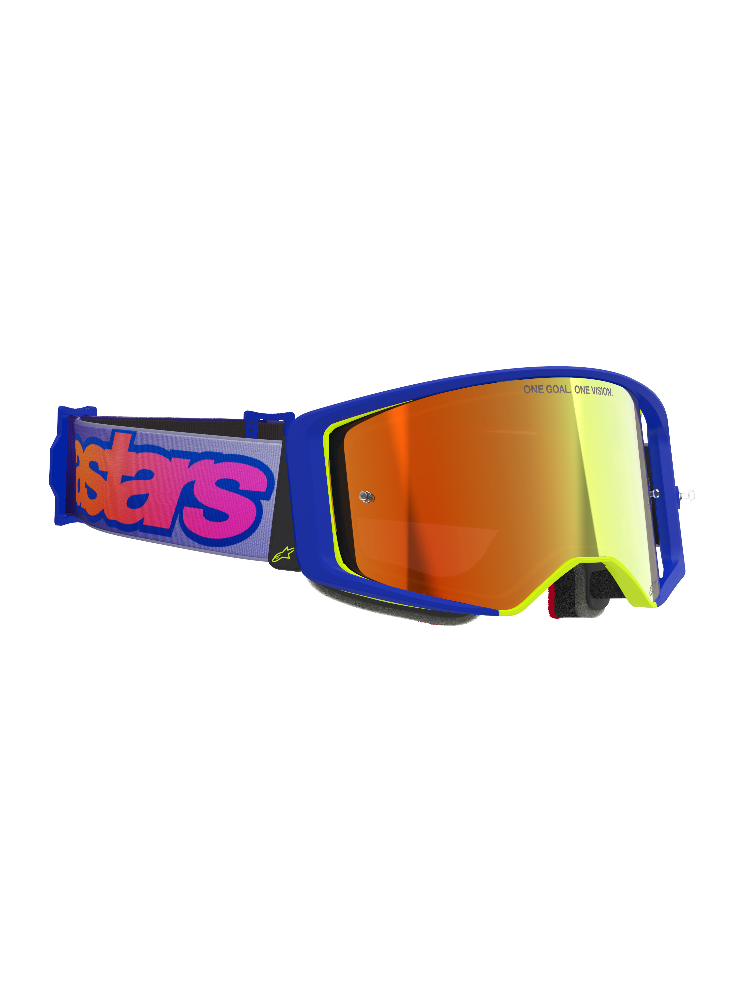 Alpinestars Supertech Vision Vista Goggles, gogle motocrossowe, niebiesko-żółta oprawka z czerwoną lustrzaną szybką, fioletowy pasek z wyrazistym różowym logo Alpinestars, profesjonalne gogle do jazdy off-road