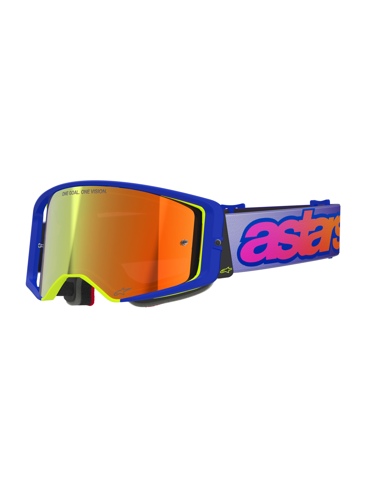 Alpinestars Supertech Vision Vista Goggles, gogle motocrossowe, niebieska ramka z neonowo-żółtymi akcentami, pomarańczowo-czerwona lustrzana soczewka, jasnofioletowy pasek z różowym i pomarańczowym brandingiem „astars”, napis „ONE GOAL. ONE VISION.” na soczewce